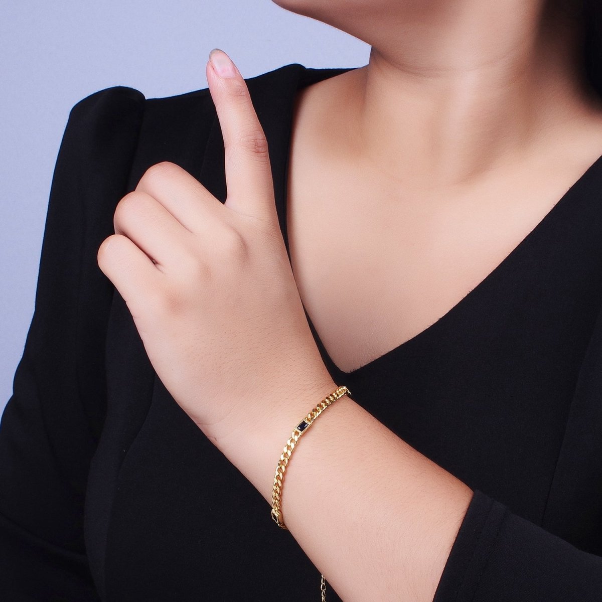 24K Gold Filled Clear, Blue, Green Baguette CZ 3.8mm Curb Chain 6.75 Inch Bracelet | WA-1506 - WA-1508 Clearance Pricing - DLUXCA