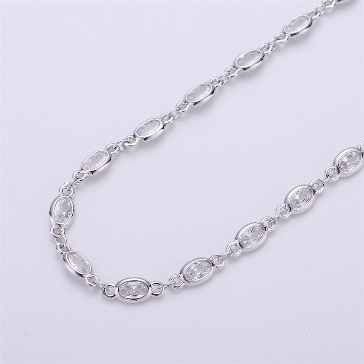 24K Gold Filled Clear Cubic Zirconia Chains, Oval Bezel Chains Silver 1 Yard 5mm CZ Connectors Link for Rosary Necklace Supply, White Gold Filled DESIGNED Chain | ROLL-104, ROLL-105 Clearance Pricing - DLUXCA