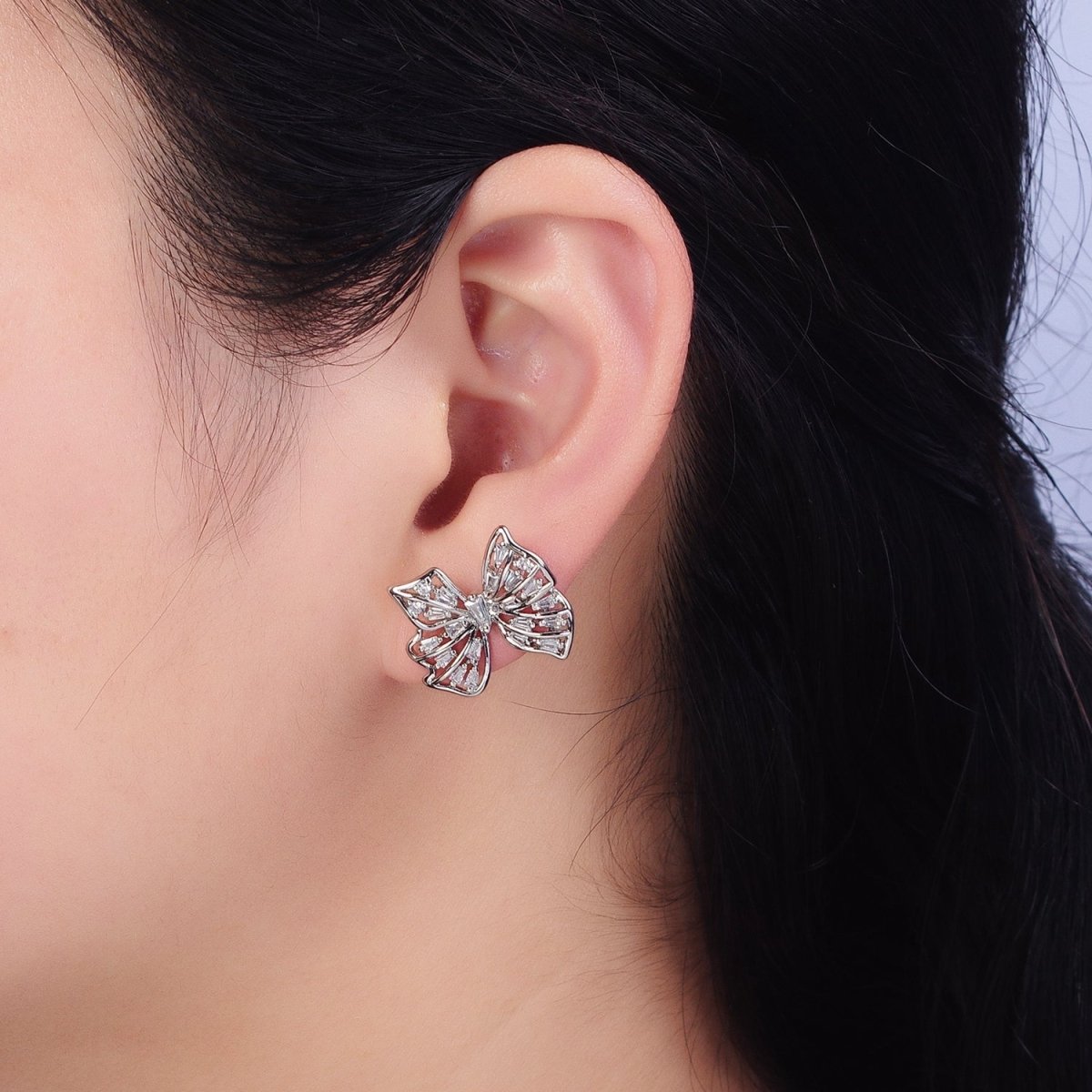 24K Gold Filled Clear CZ Baguette Wings Mariposa Butterfly Stud Earrings in Gold & Silver | AB676 AD898 - DLUXCA