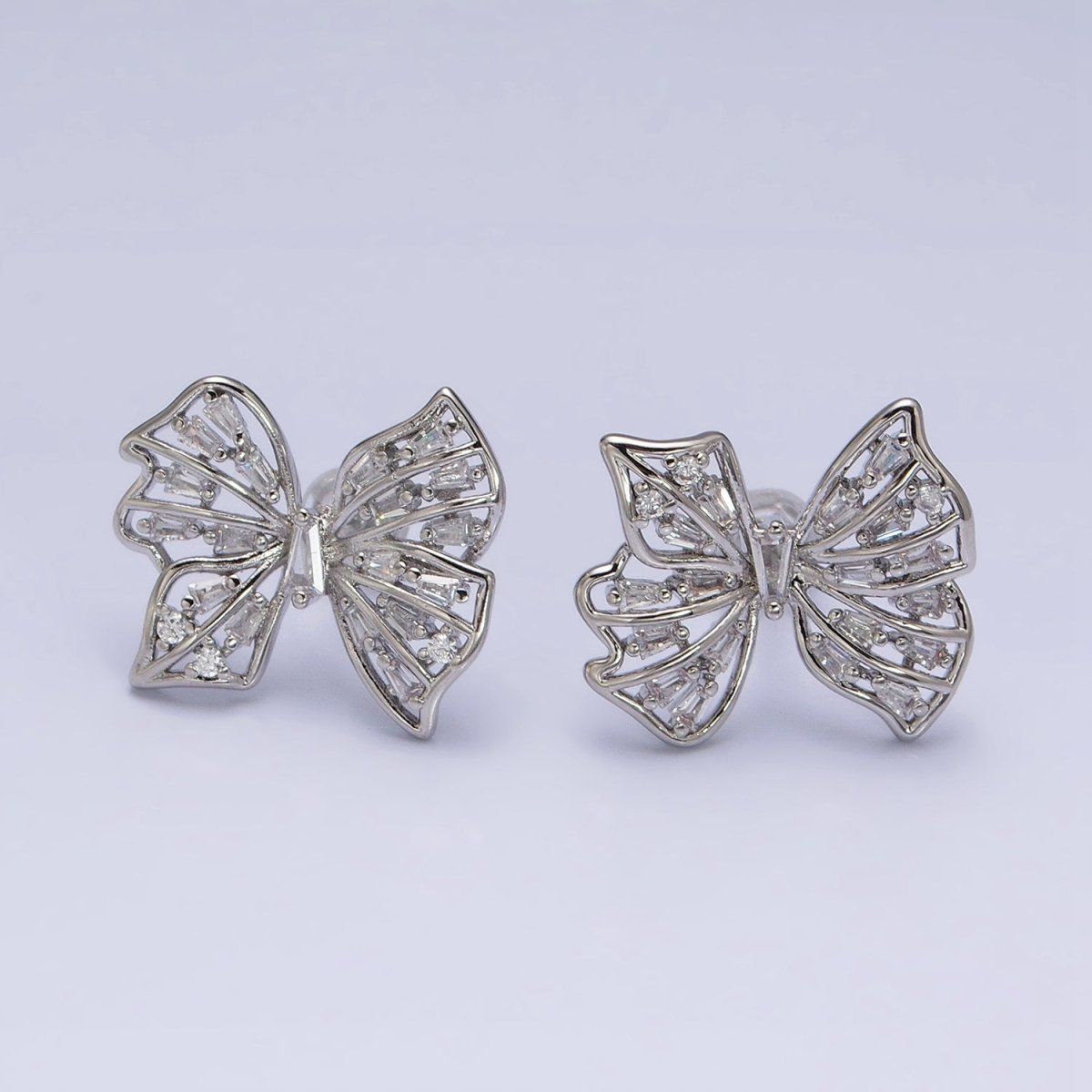 24K Gold Filled Clear CZ Baguette Wings Mariposa Butterfly Stud Earrings in Gold & Silver | AB676 AD898 - DLUXCA