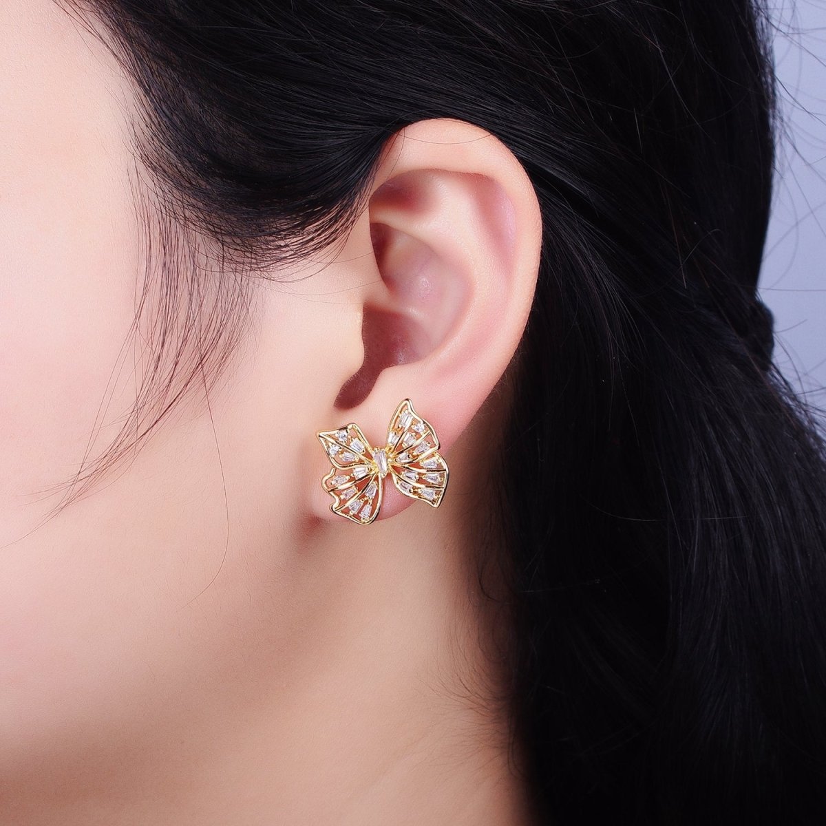 24K Gold Filled Clear CZ Baguette Wings Mariposa Butterfly Stud Earrings in Gold & Silver | AB676 AD898 - DLUXCA