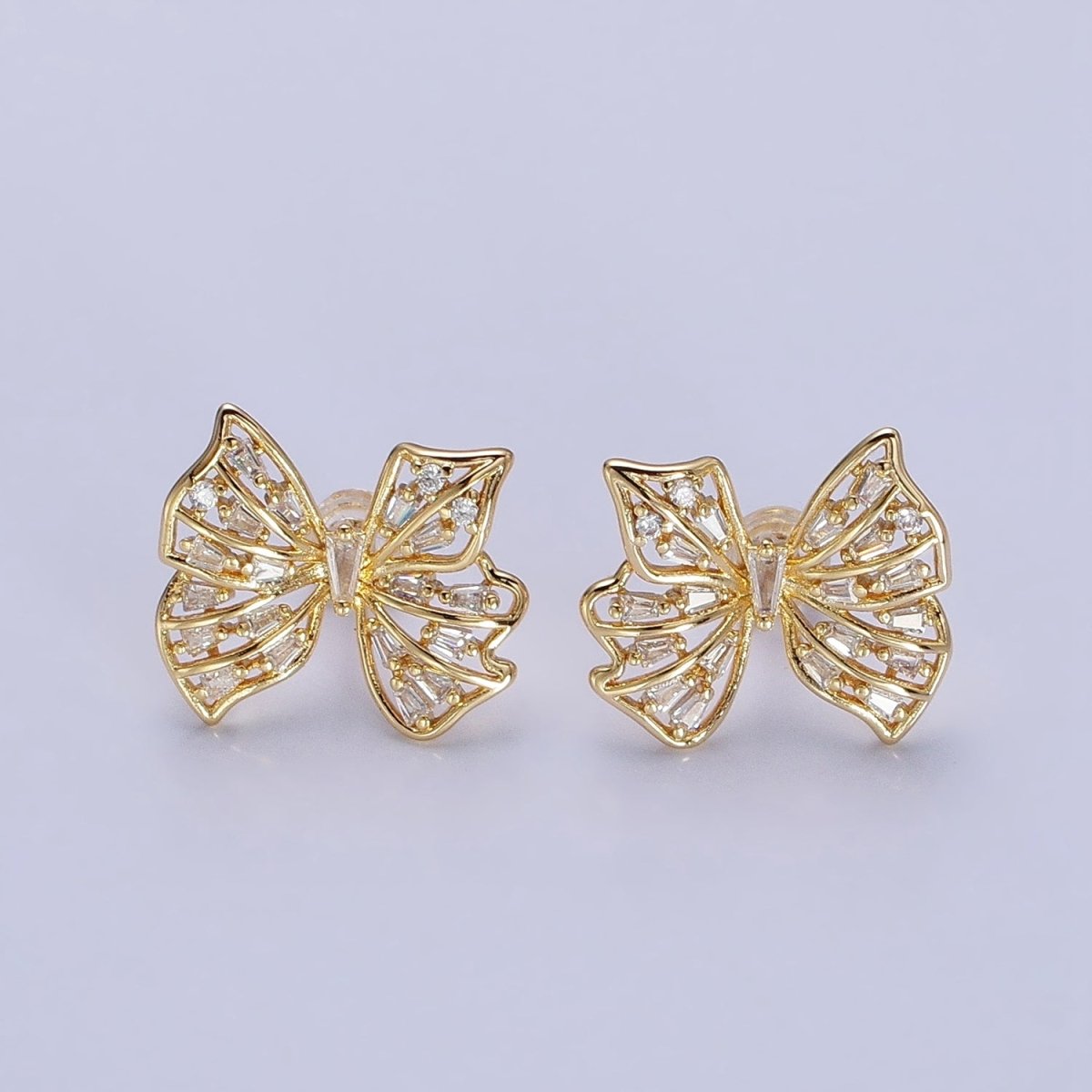 24K Gold Filled Clear CZ Baguette Wings Mariposa Butterfly Stud Earrings in Gold & Silver | AB676 AD898 - DLUXCA