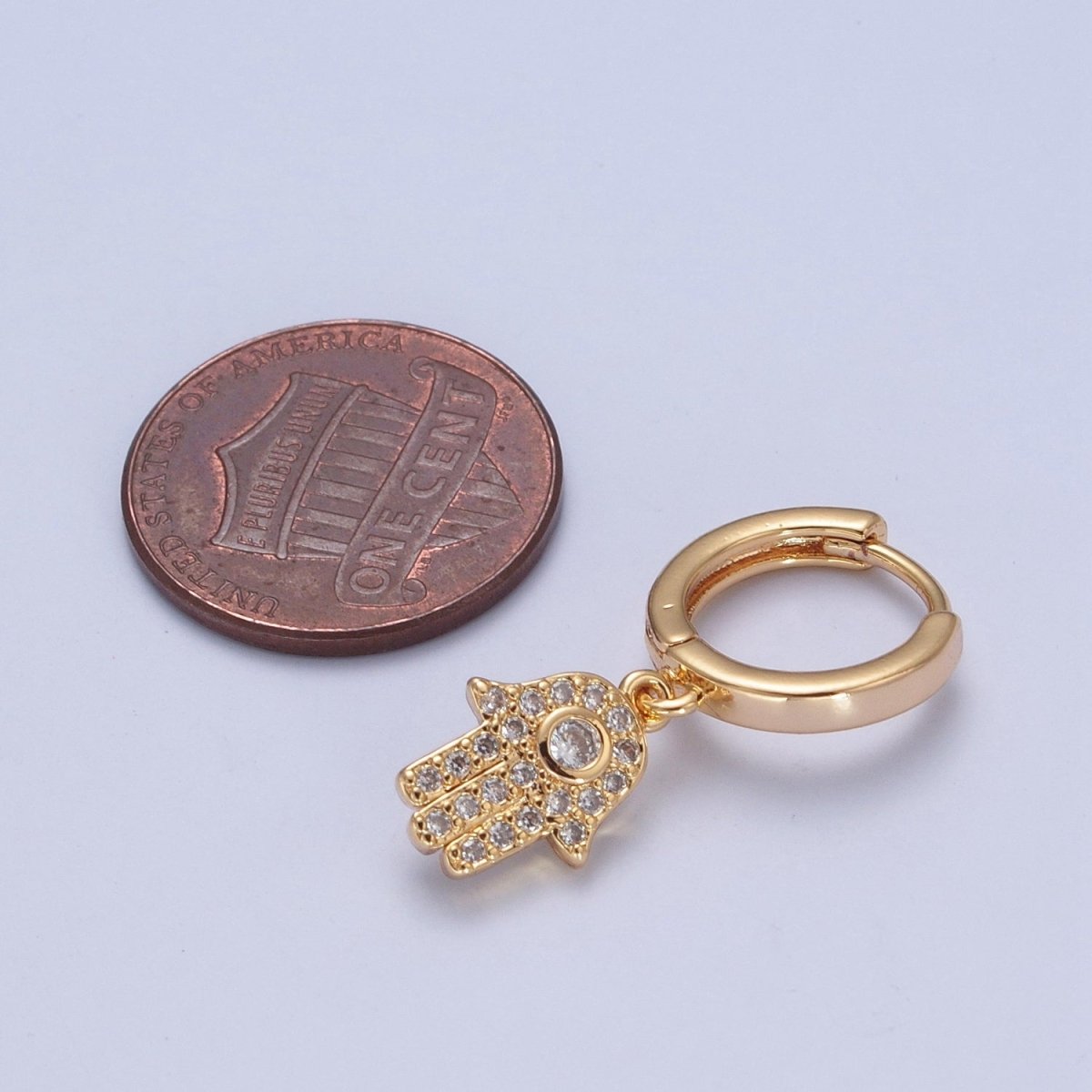 24K Gold Filled Clear CZ Micro Pave Hamsa Hand Charm Dangle Drop Huggie Earrings P-308 - DLUXCA