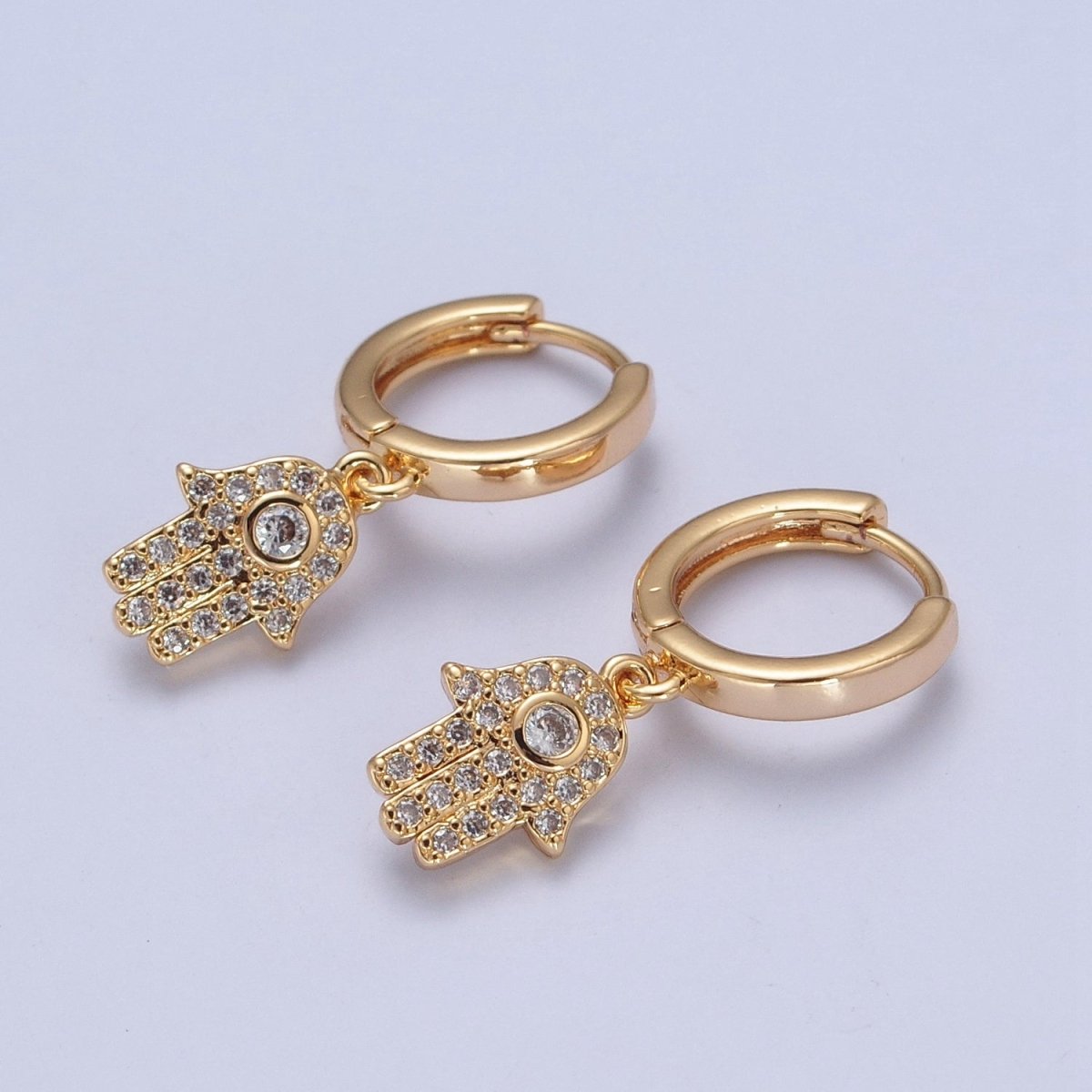 24K Gold Filled Clear CZ Micro Pave Hamsa Hand Charm Dangle Drop Huggie Earrings P-308 - DLUXCA