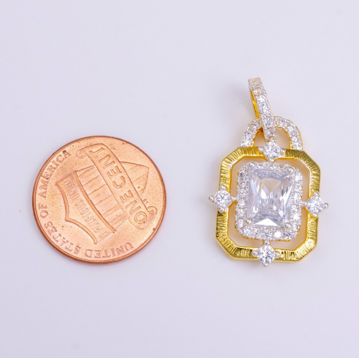 24K Gold Filled Clear, Green, Blue, Fuchsia Baguette Rhombus CZ Hexagonal Micro Paved CZ Frame Bail Pendant | AA526 - AA529 - DLUXCA