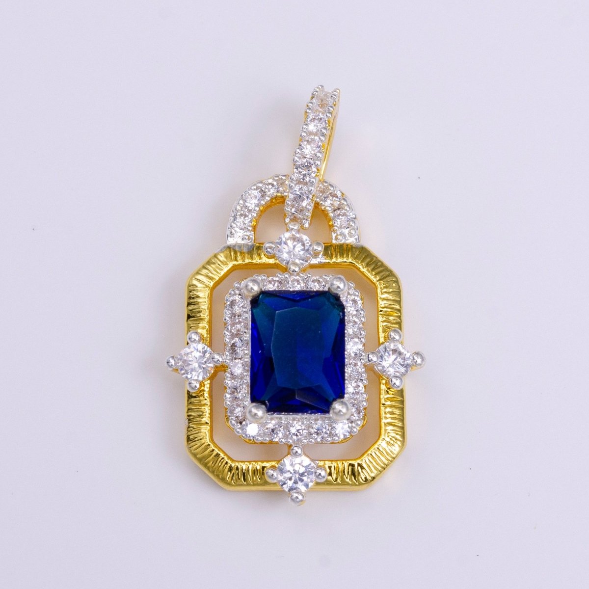 24K Gold Filled Clear, Green, Blue, Fuchsia Baguette Rhombus CZ Hexagonal Micro Paved CZ Frame Bail Pendant | AA526 - AA529 - DLUXCA