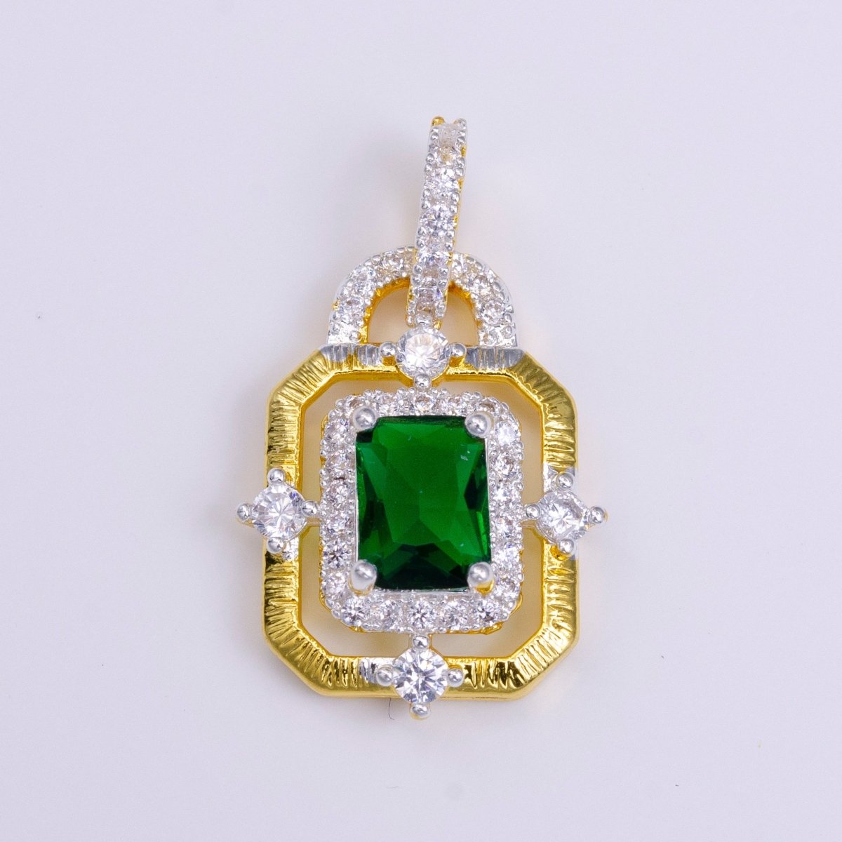 24K Gold Filled Clear, Green, Blue, Fuchsia Baguette Rhombus CZ Hexagonal Micro Paved CZ Frame Bail Pendant | AA526 - AA529 - DLUXCA