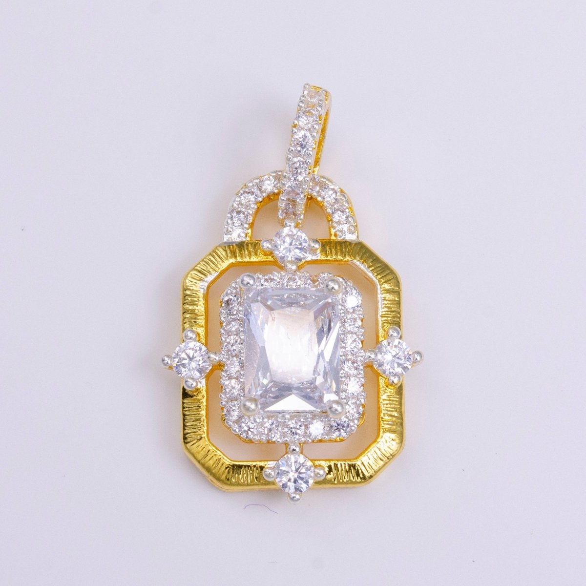 24K Gold Filled Clear, Green, Blue, Fuchsia Baguette Rhombus CZ Hexagonal Micro Paved CZ Frame Bail Pendant | AA526 - AA529 - DLUXCA