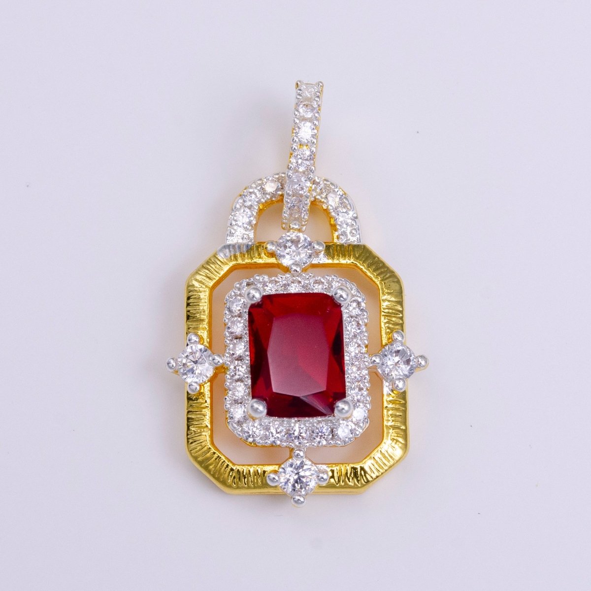 24K Gold Filled Clear, Green, Blue, Fuchsia Baguette Rhombus CZ Hexagonal Micro Paved CZ Frame Bail Pendant | AA526 - AA529 - DLUXCA