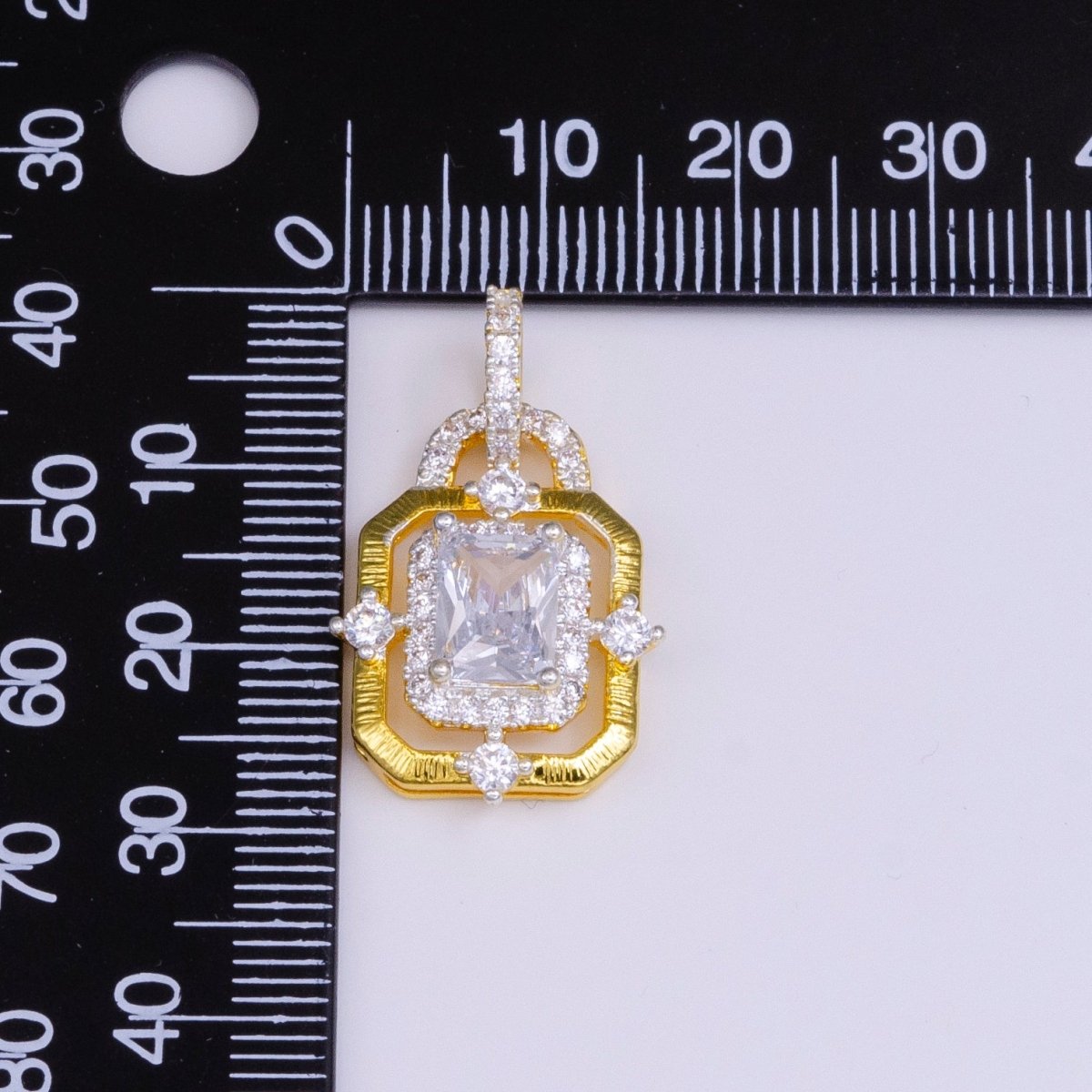 24K Gold Filled Clear, Green, Blue, Fuchsia Baguette Rhombus CZ Hexagonal Micro Paved CZ Frame Bail Pendant | AA526 - AA529 - DLUXCA