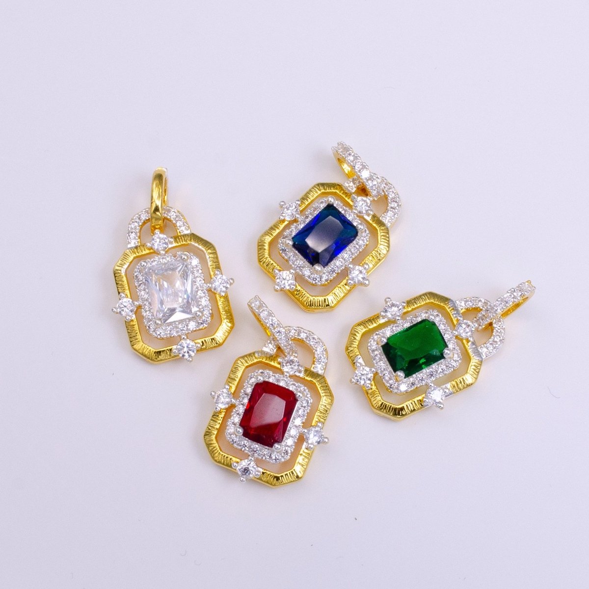 24K Gold Filled Clear, Green, Blue, Fuchsia Baguette Rhombus CZ Hexagonal Micro Paved CZ Frame Bail Pendant | AA526 - AA529 - DLUXCA