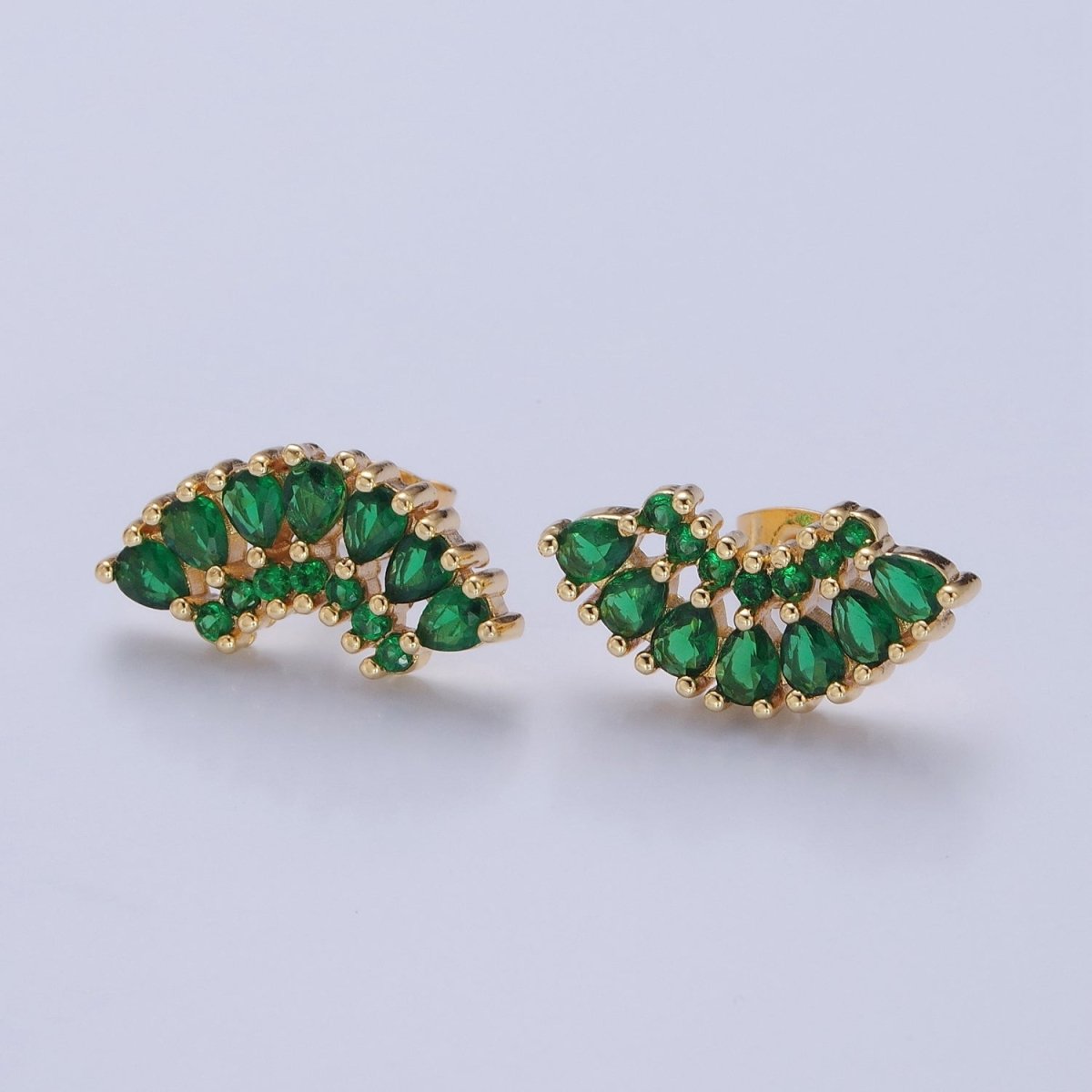 24K Gold Filled Clear, Green, Pink, Purple Teardrop CZ Fan Lined Stud Earrings | T-425~ T-427 - DLUXCA