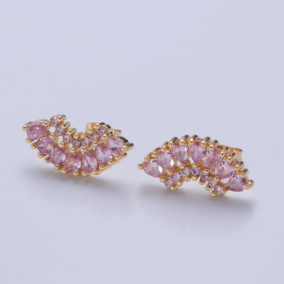 24K Gold Filled Clear, Green, Pink, Purple Teardrop CZ Fan Lined Stud Earrings | T-425~ T-427 - DLUXCA