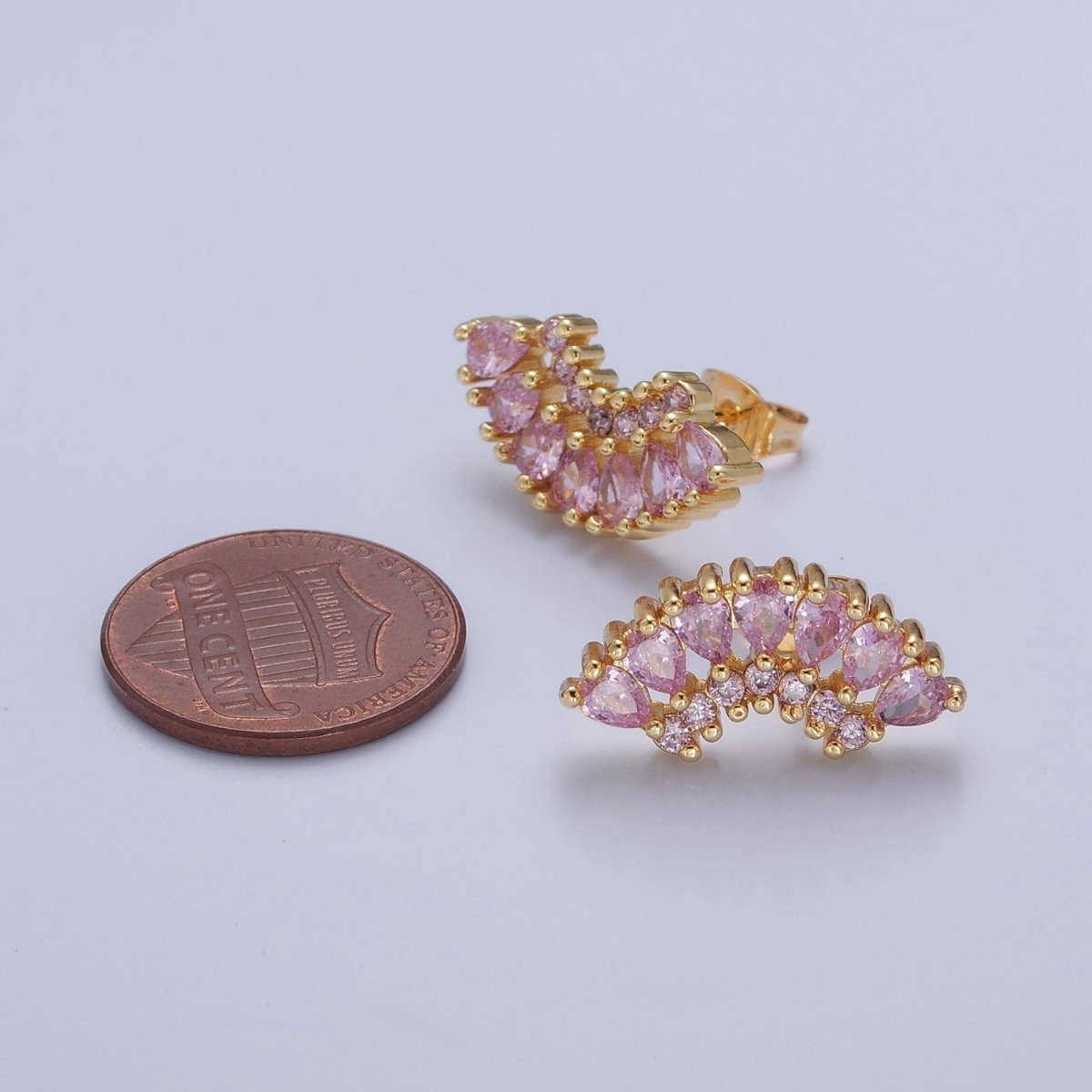 24K Gold Filled Clear, Green, Pink, Purple Teardrop CZ Fan Lined Stud Earrings | T-425~ T-427 - DLUXCA