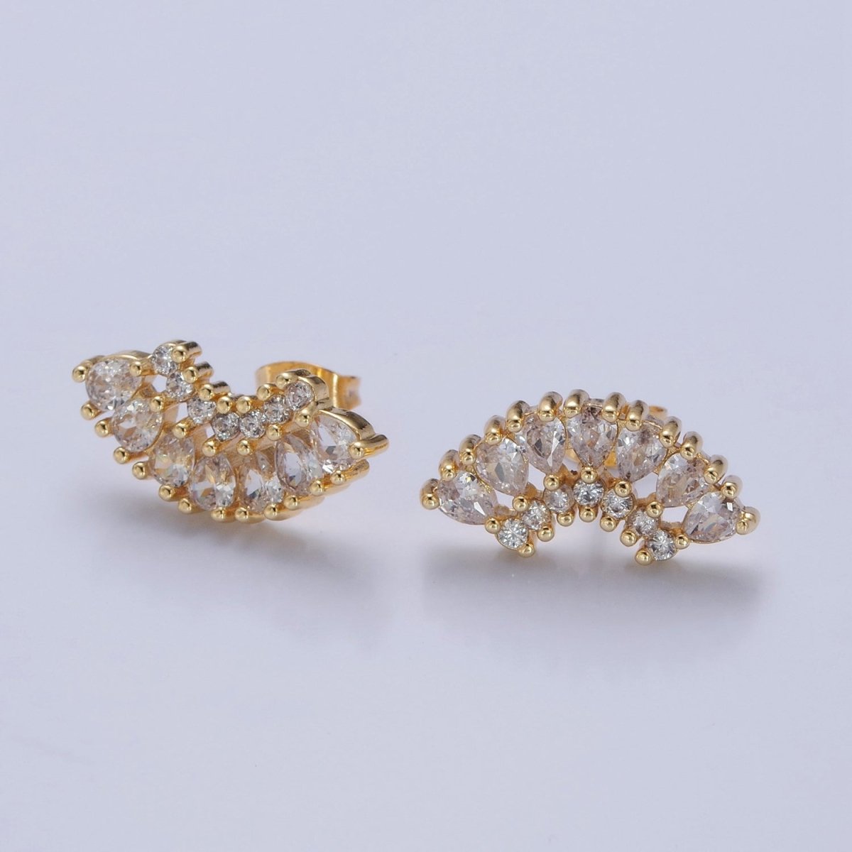 24K Gold Filled Clear, Green, Pink, Purple Teardrop CZ Fan Lined Stud Earrings | T-425~ T-427 - DLUXCA