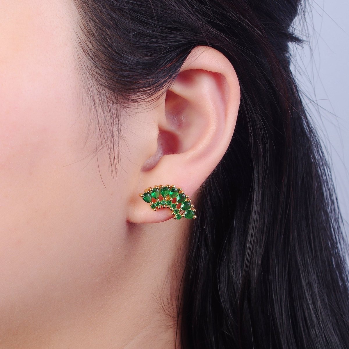 24K Gold Filled Clear, Green, Pink, Purple Teardrop CZ Fan Lined Stud Earrings | T-425~ T-427 - DLUXCA