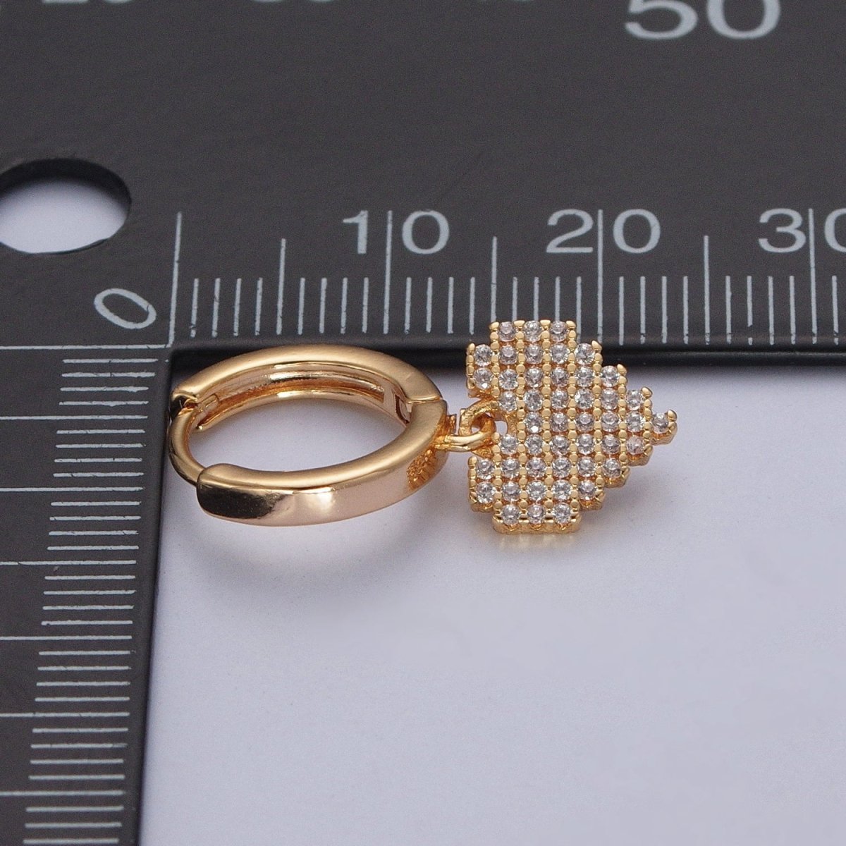 24K Gold Filled Clear Micro Pave CZ Heart Valentine Charm Huggie Hoop Earring P-340 - DLUXCA