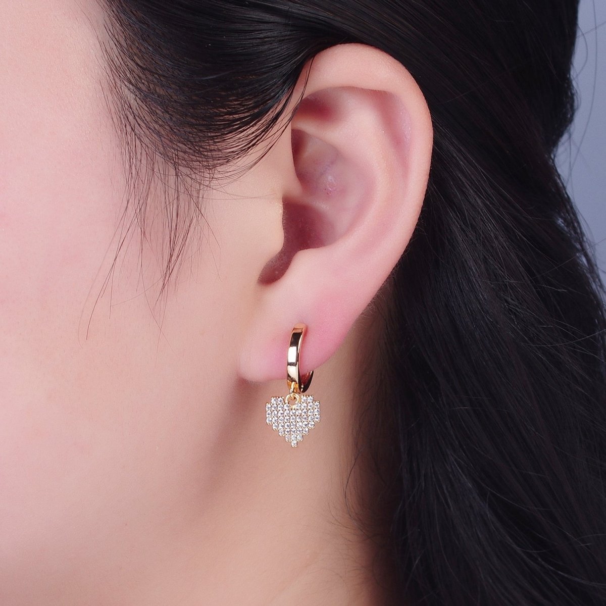 24K Gold Filled Clear Micro Pave CZ Heart Valentine Charm Huggie Hoop Earring P-340 - DLUXCA