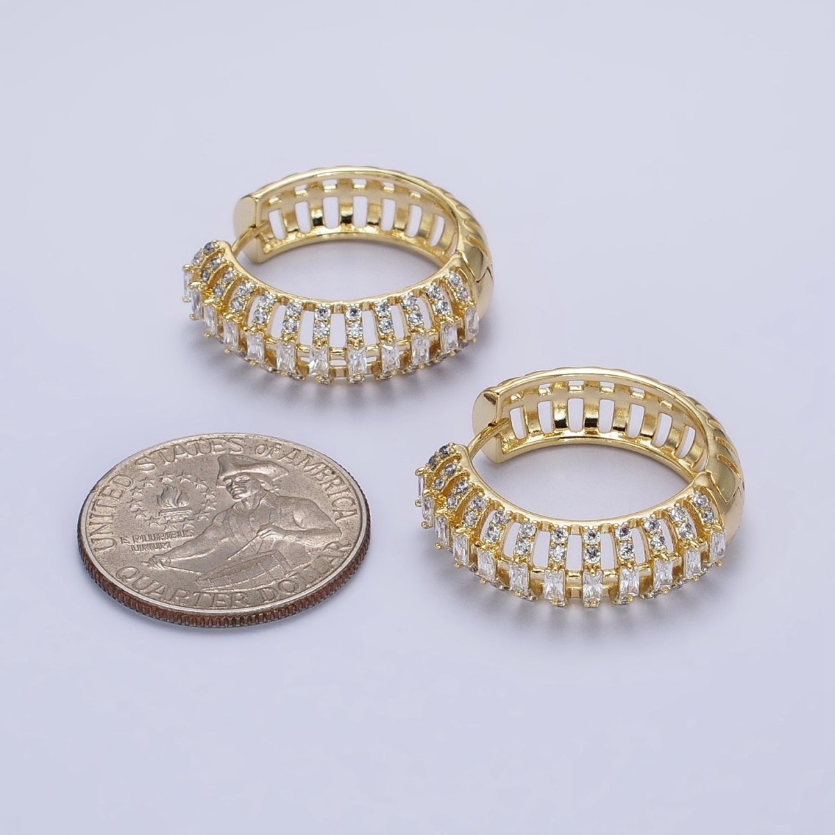 24K Gold Filled Clear Micro Paved Bar 25mm Hoop Earrings | AB337 - DLUXCA