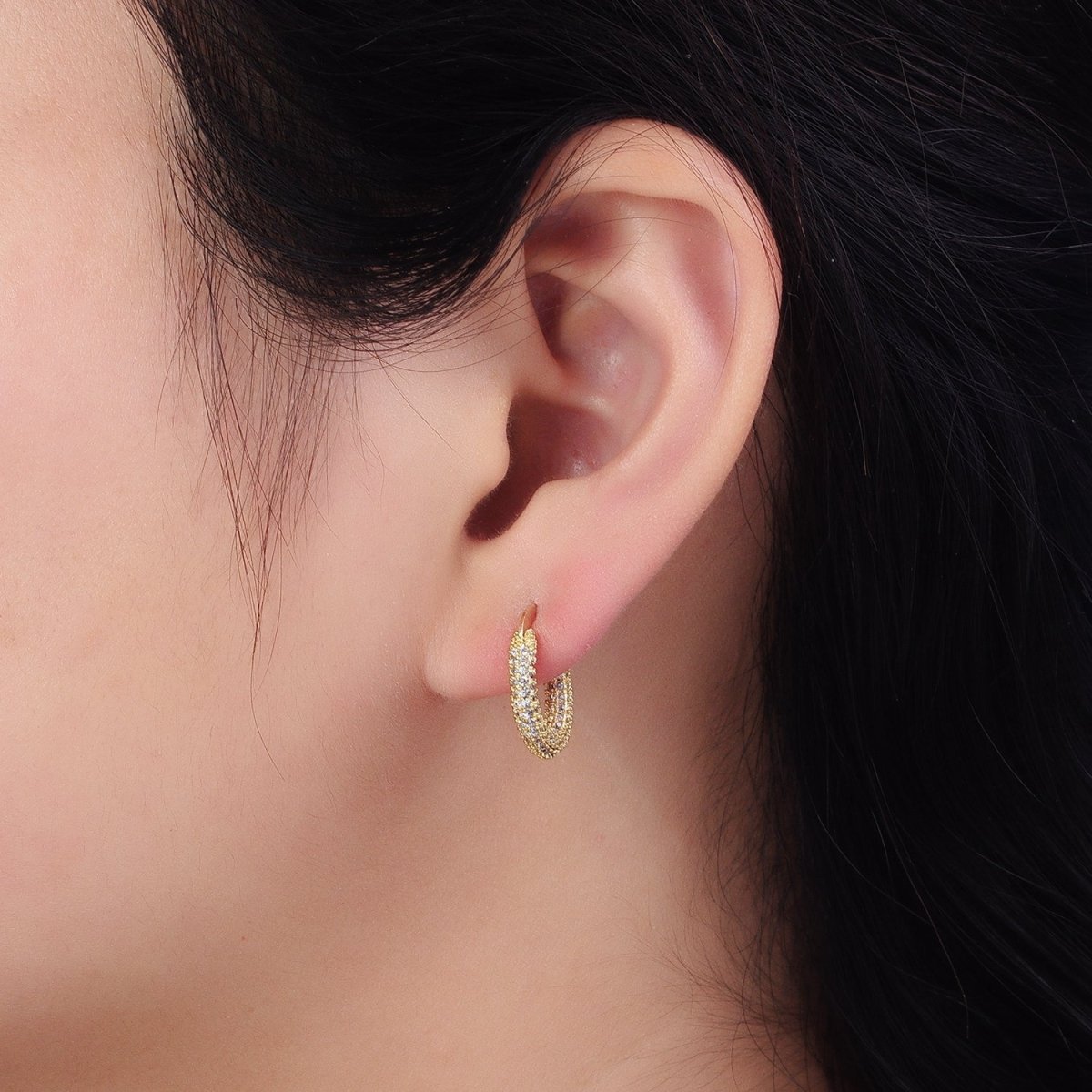 24K Gold Filled Clear Micro Paved CZ 15.5mm Hoop Latch Earrings | AB383 - DLUXCA