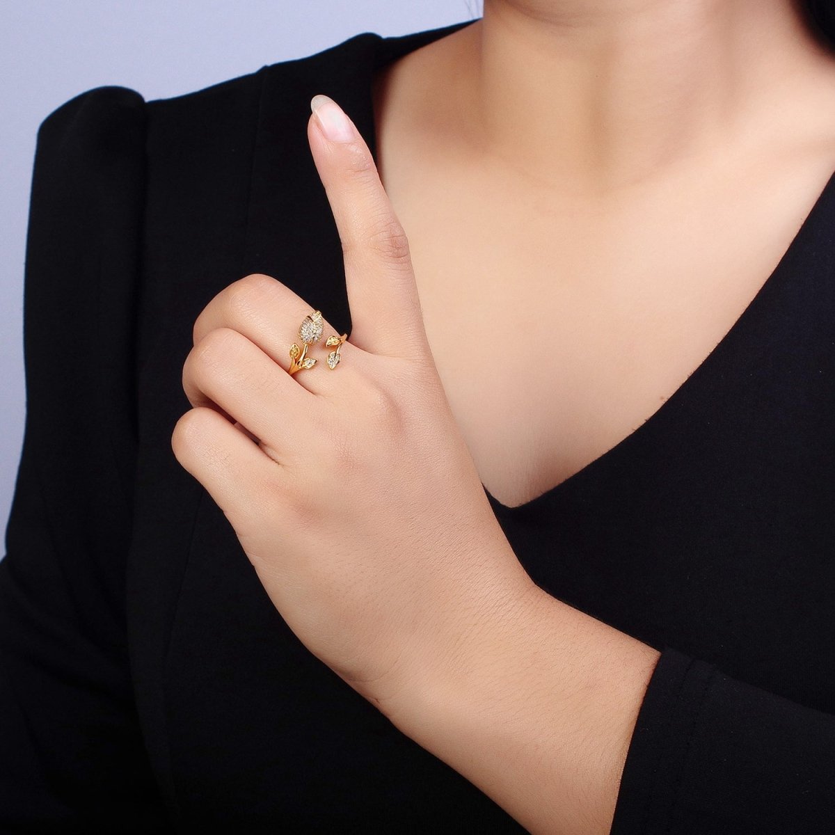 24K Gold Filled Clear Micro Paved CZ Rose Flower Adjustable Ring | Y-568 - DLUXCA