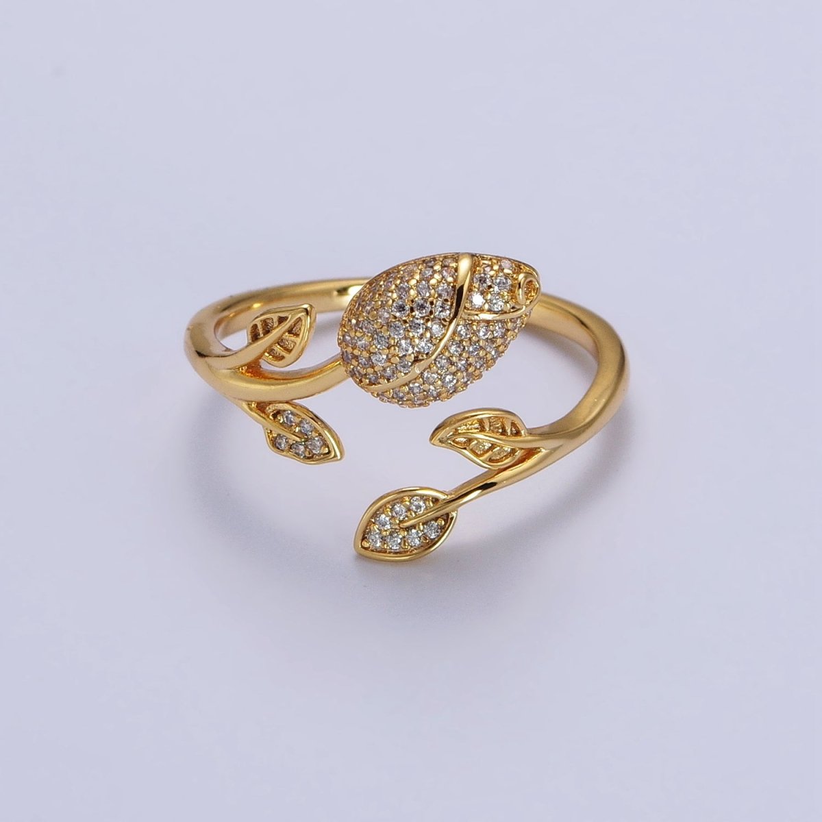 24K Gold Filled Clear Micro Paved CZ Rose Flower Adjustable Ring | Y-568 - DLUXCA