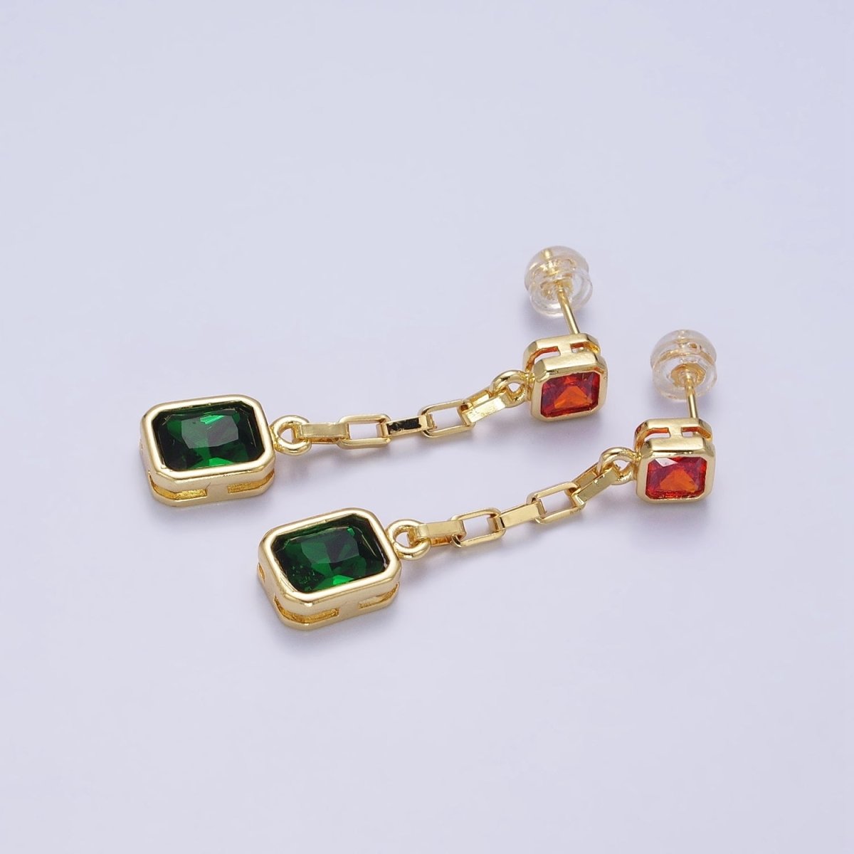 24K Gold Filled Clear, Multicolor Baguette CZ Drop Dangle Stud Earrings in Gold & Silver | AB615 - AB618 - DLUXCA