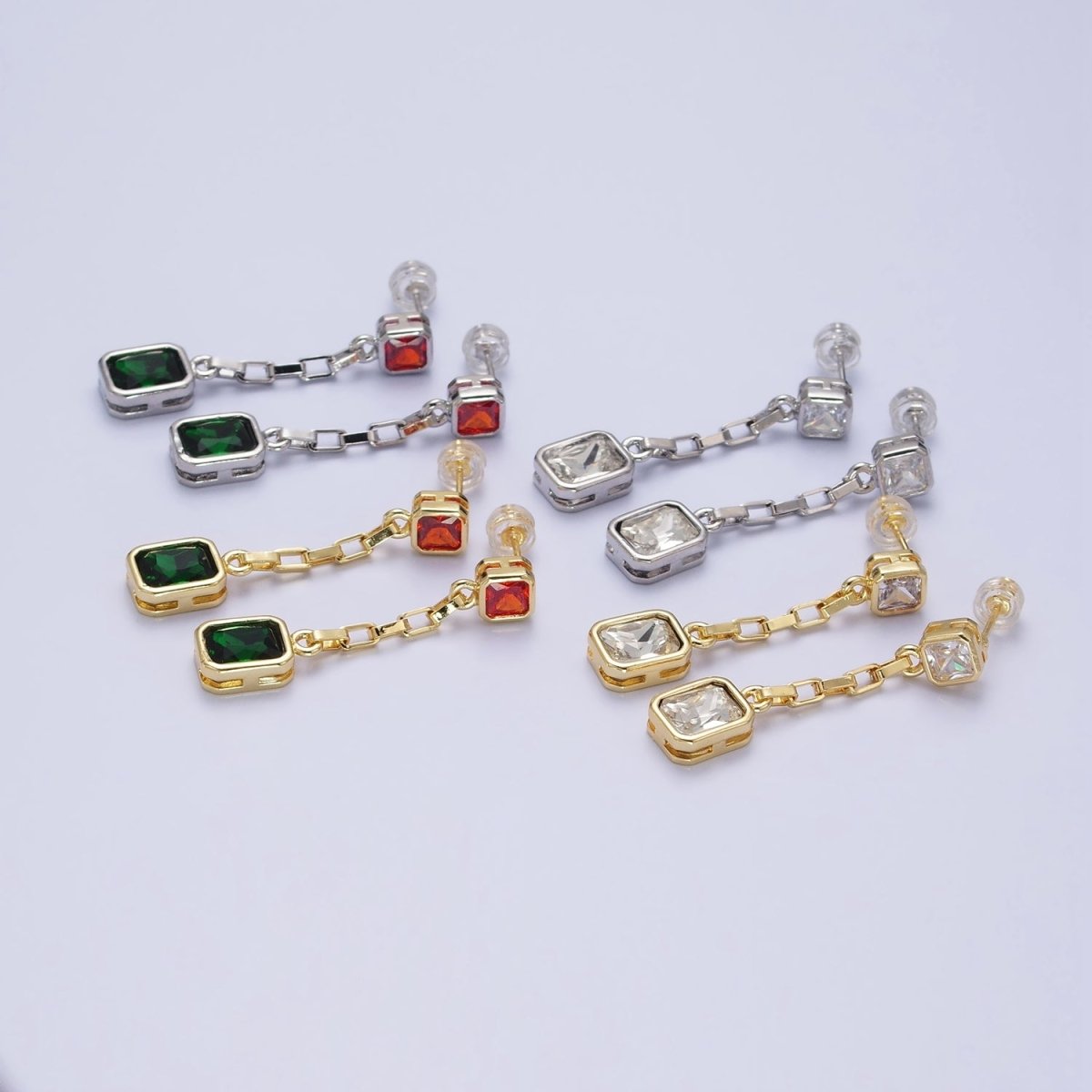 24K Gold Filled Clear, Multicolor Baguette CZ Drop Dangle Stud Earrings in Gold & Silver | AB615 - AB618 - DLUXCA