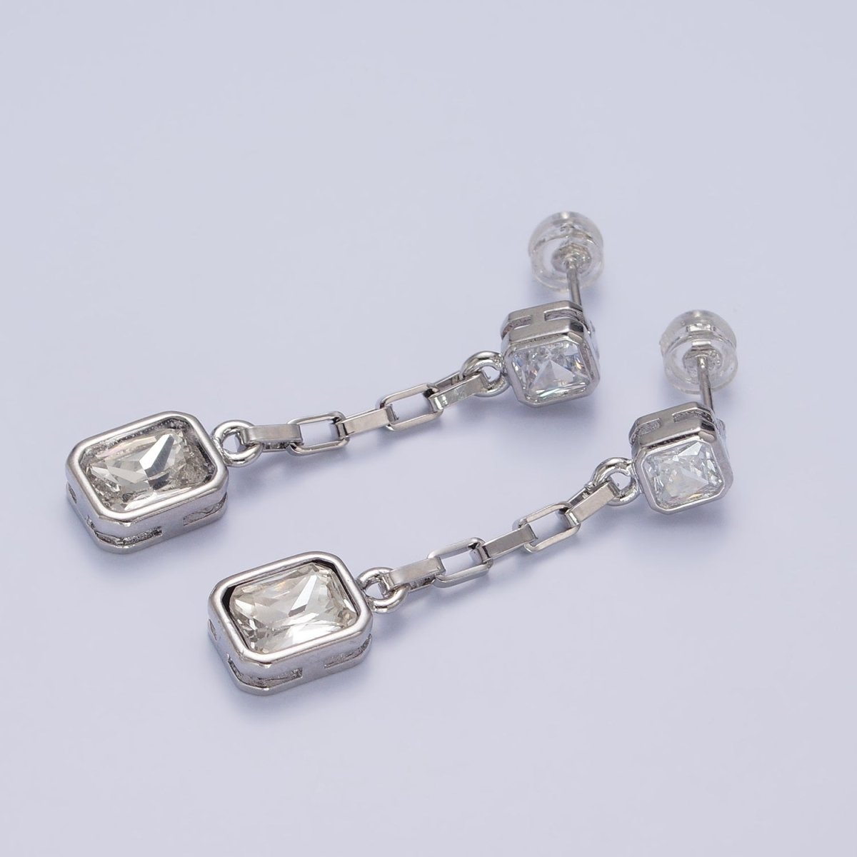 24K Gold Filled Clear, Multicolor Baguette CZ Drop Dangle Stud Earrings in Gold & Silver | AB615 - AB618 - DLUXCA