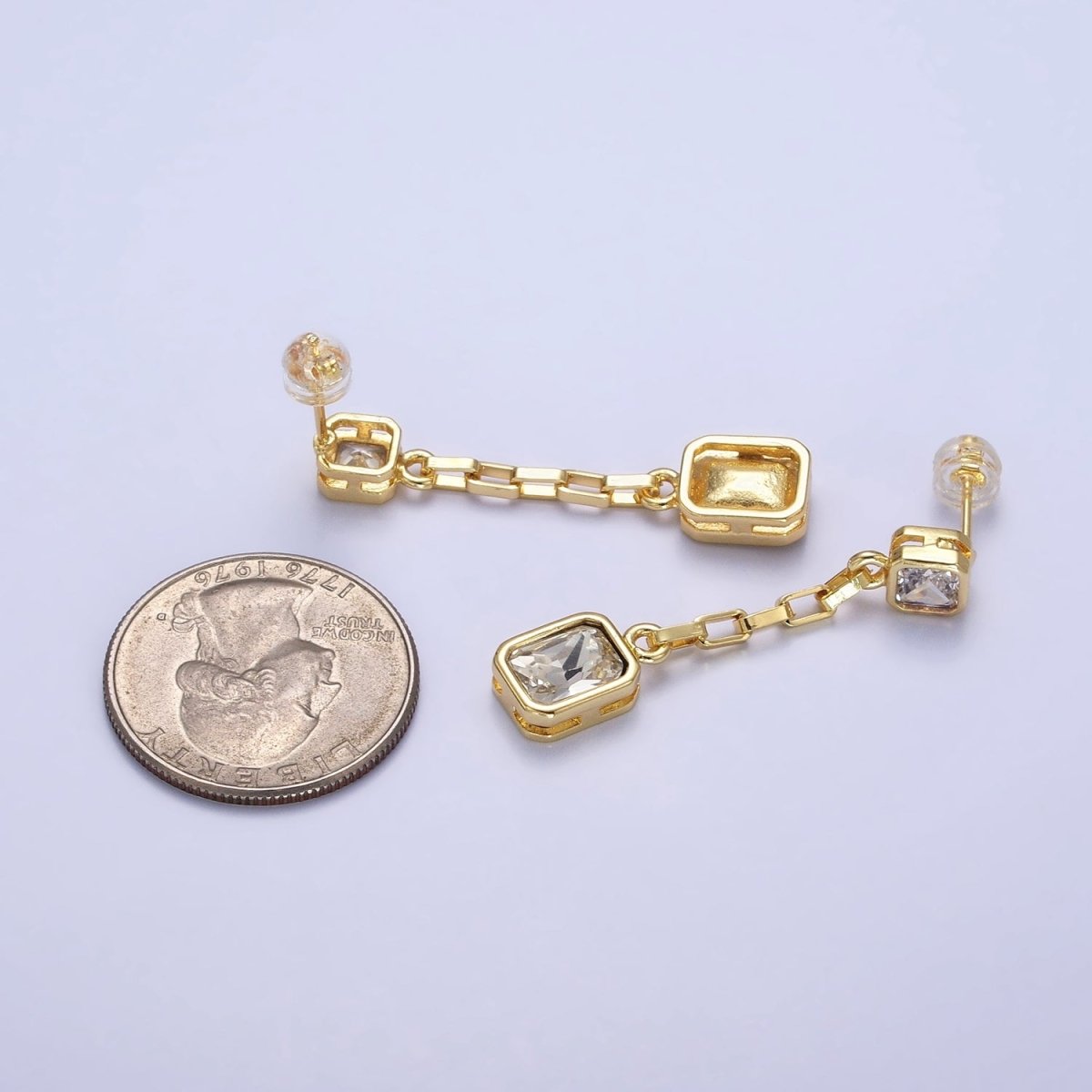 24K Gold Filled Clear, Multicolor Baguette CZ Drop Dangle Stud Earrings in Gold & Silver | AB615 - AB618 - DLUXCA