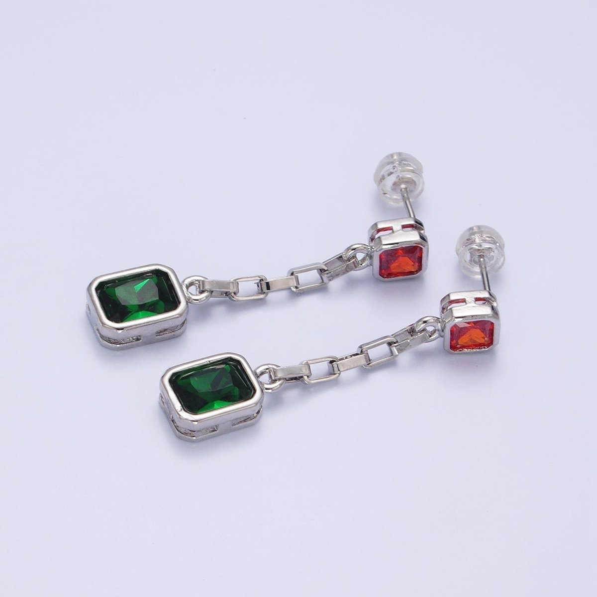 24K Gold Filled Clear, Multicolor Baguette CZ Drop Dangle Stud Earrings in Gold & Silver | AB615 - AB618 - DLUXCA