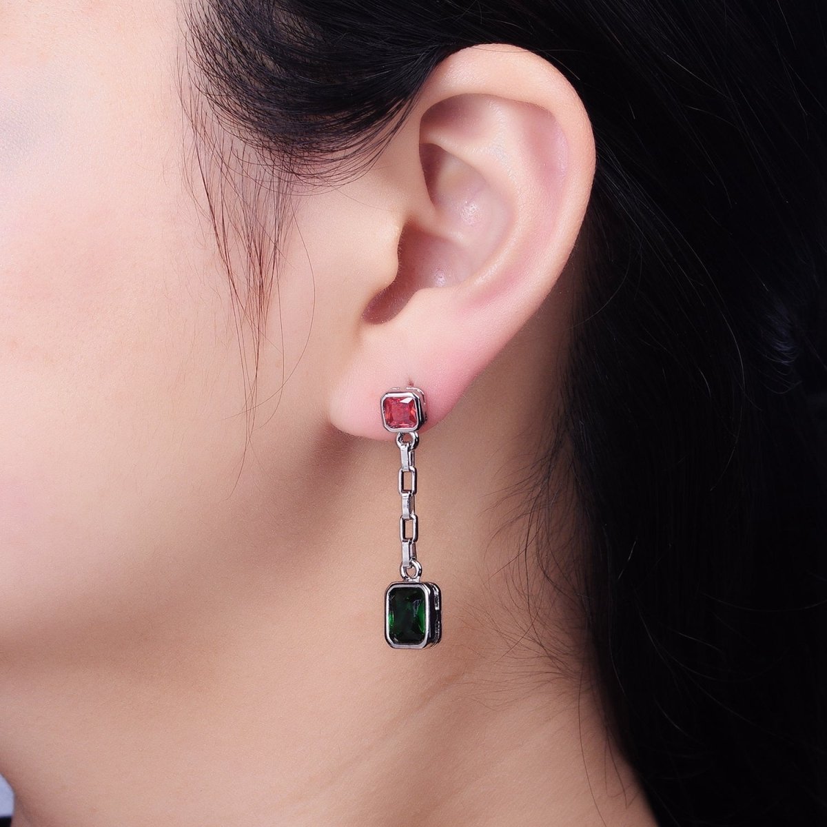 24K Gold Filled Clear, Multicolor Baguette CZ Drop Dangle Stud Earrings in Gold & Silver | AB615 - AB618 - DLUXCA