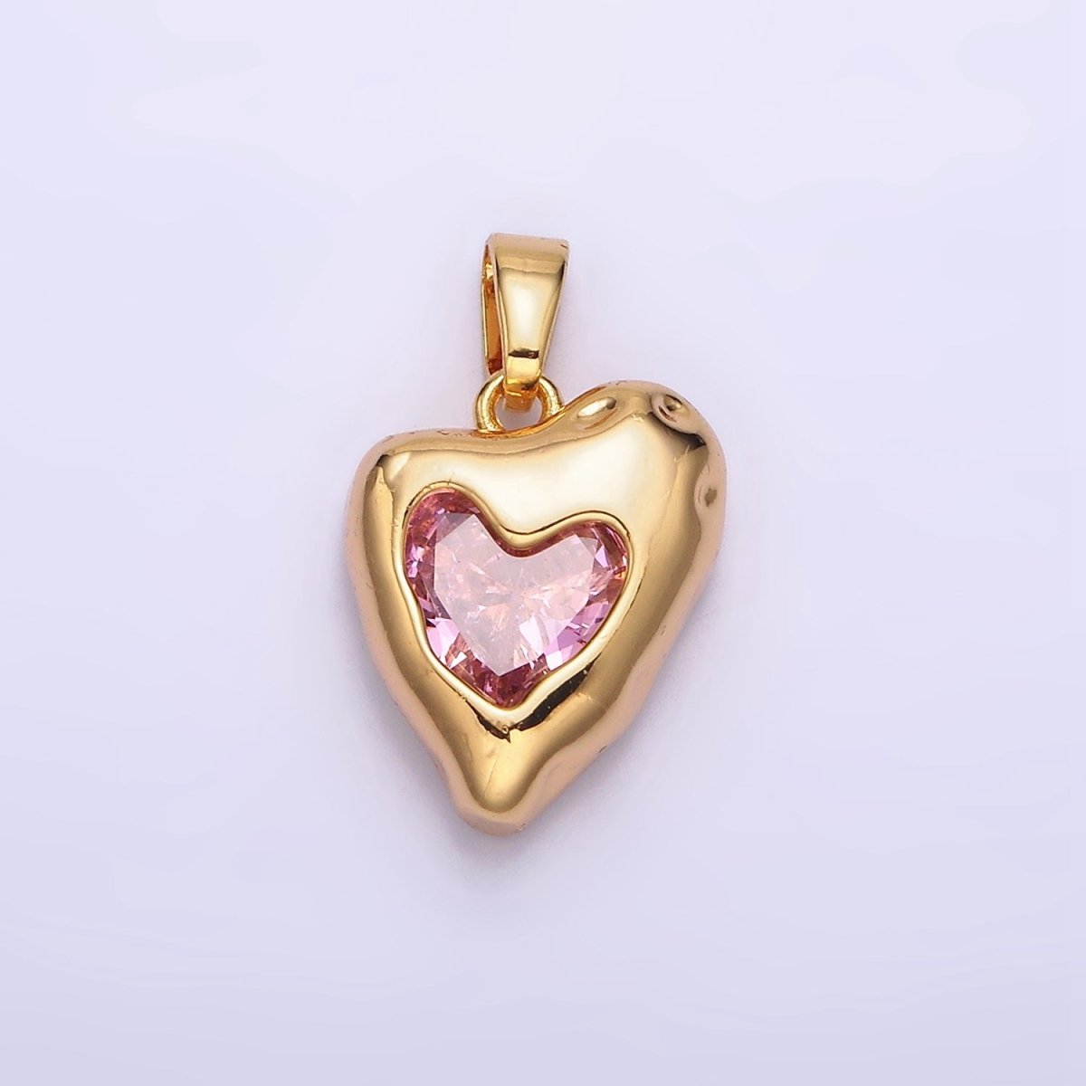 24K Gold Filled Clear, Pink CZ Molten Heart Pendant | AA-592 AA-593 - DLUXCA