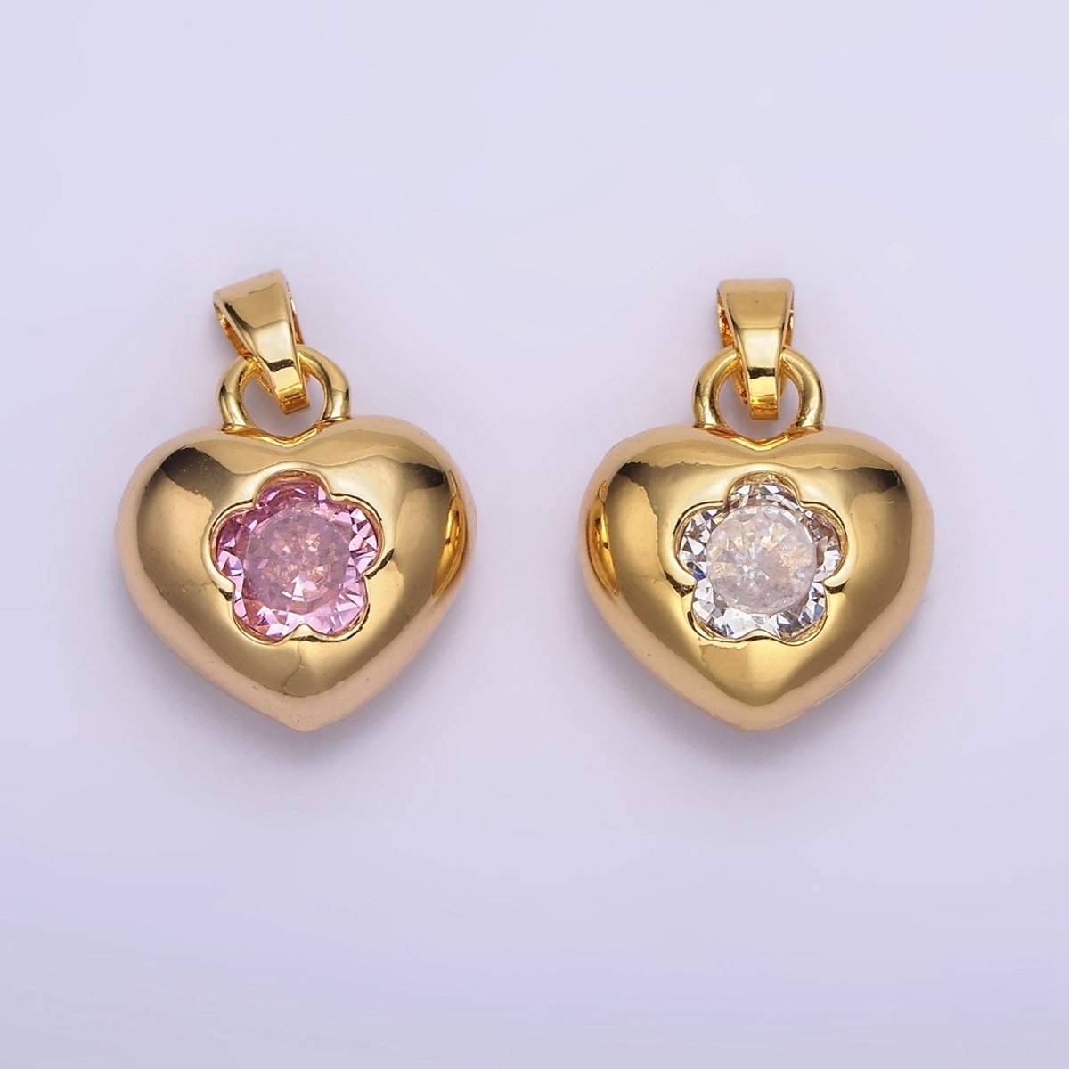 24K Gold Filled Clear, Pink Flower CZ Open Heart Pendant | AA590 AA591 - DLUXCA