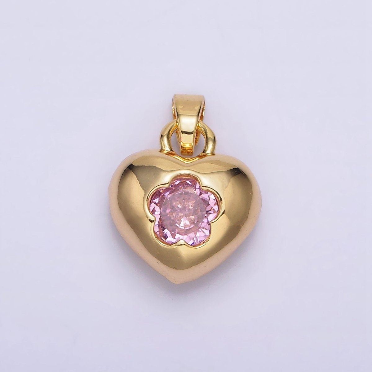 24K Gold Filled Clear, Pink Flower CZ Open Heart Pendant | AA590 AA591 - DLUXCA