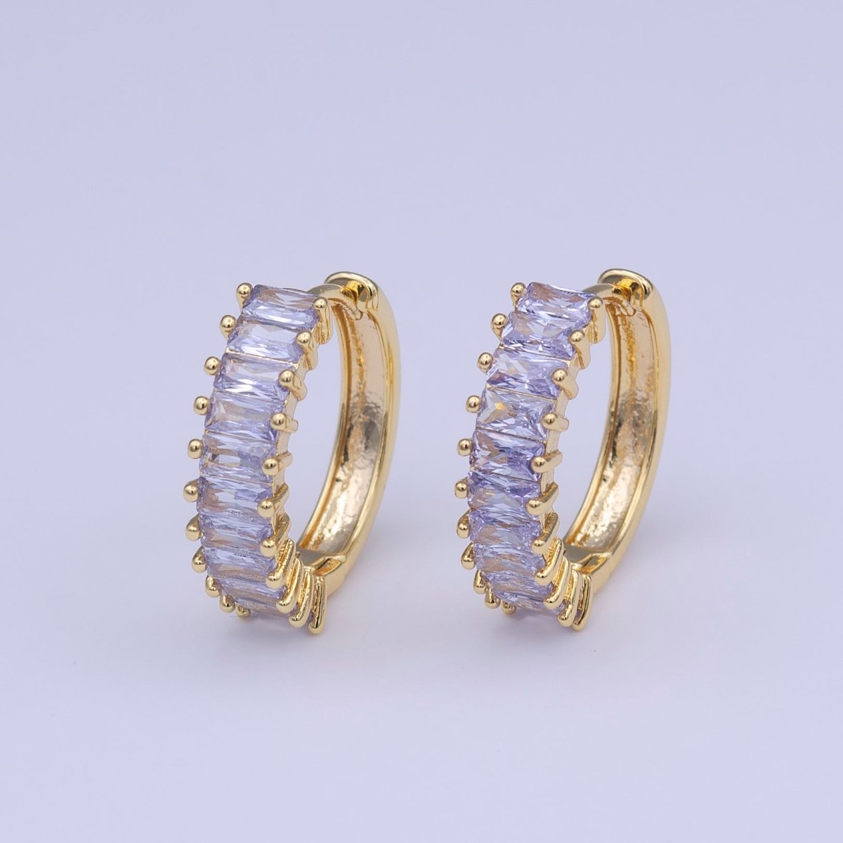 24K Gold Filled Clear Purple Baguette Lined 18.5mm Huggie Hoop Earrings | Y-216 - DLUXCA