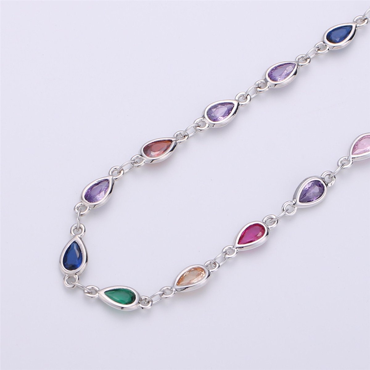 24K Gold Filled Colorful Cubic Zircon Chains, Tear Drop Bezel Chains Silver 1 Yard 6x4mm CZ Connectors Links for Rosary Necklace Supply, White Gold Filled, DESIGNED Chain | ROLL-115 ROLL-116 Clearance Pricing - DLUXCA