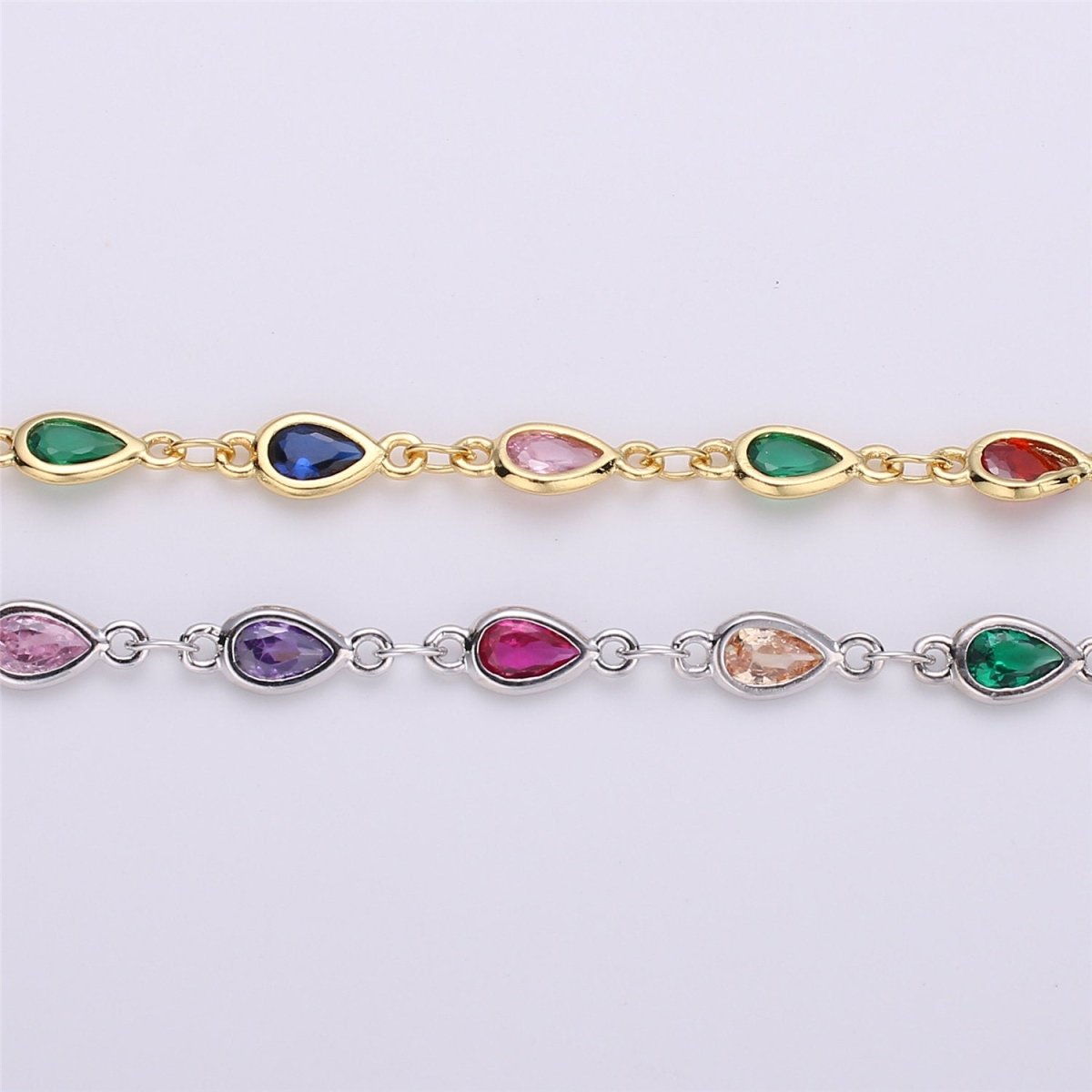 24K Gold Filled Colorful Cubic Zircon Chains, Tear Drop Bezel Chains Silver 1 Yard 6x4mm CZ Connectors Links for Rosary Necklace Supply, White Gold Filled, DESIGNED Chain | ROLL-115 ROLL-116 Clearance Pricing - DLUXCA