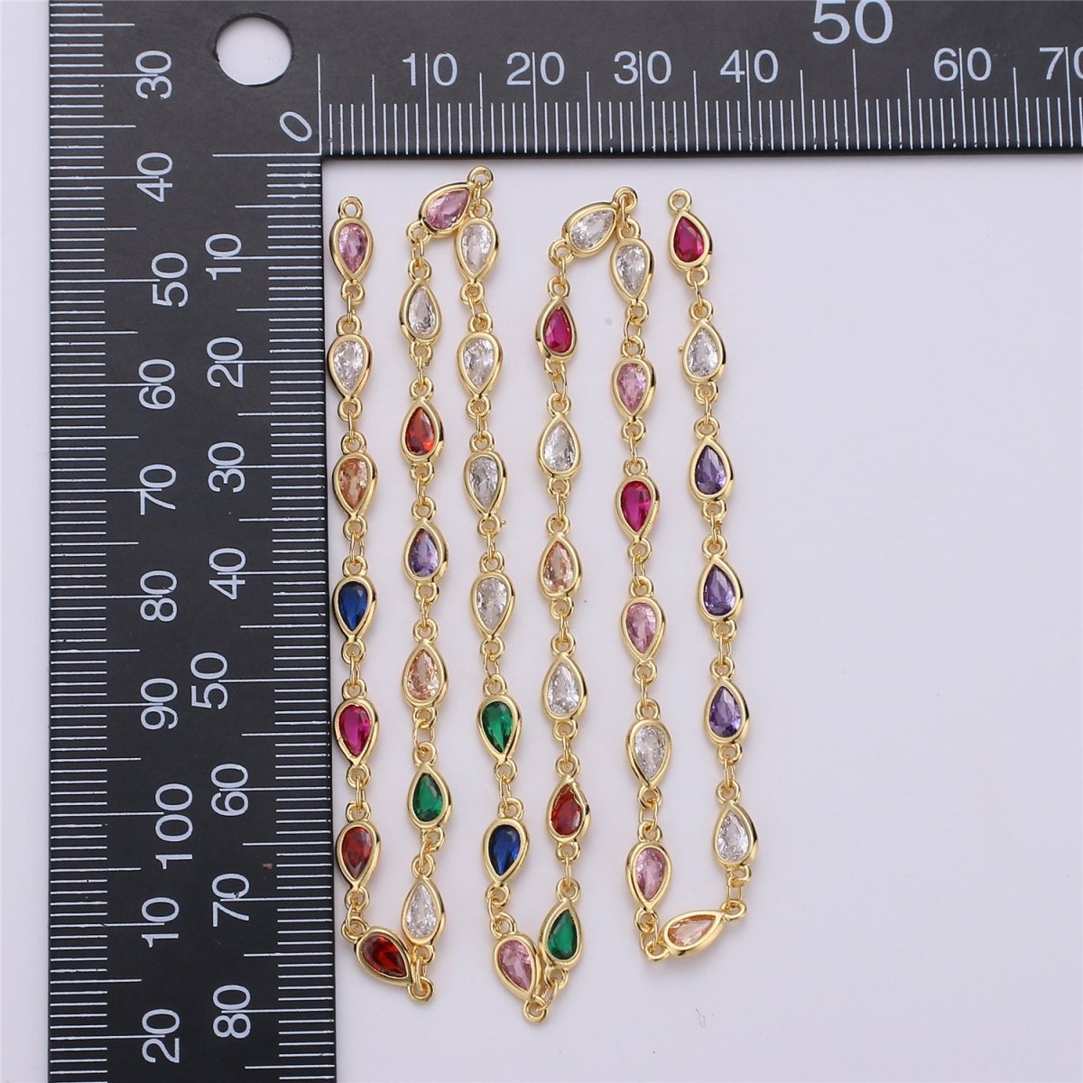 24K Gold Filled Colorful Cubic Zircon Chains, Tear Drop Bezel Chains Silver 1 Yard 6x4mm CZ Connectors Links for Rosary Necklace Supply, White Gold Filled, DESIGNED Chain | ROLL-115 ROLL-116 Clearance Pricing - DLUXCA