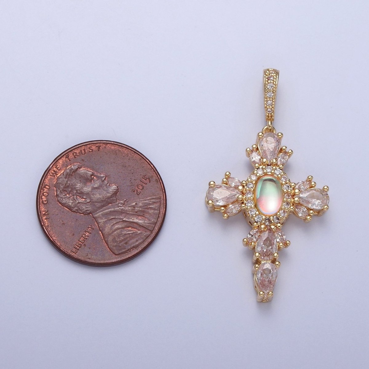 24K Gold Filled Cross Pendant Charm, Micro Pave Clear CZ Cubic Zirconia & Moonstone Religious Jewelry I-351 - DLUXCA