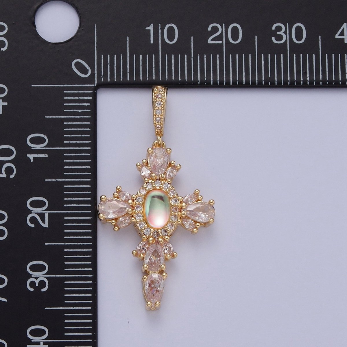 24K Gold Filled Cross Pendant Charm, Micro Pave Clear CZ Cubic Zirconia & Moonstone Religious Jewelry I-351 - DLUXCA