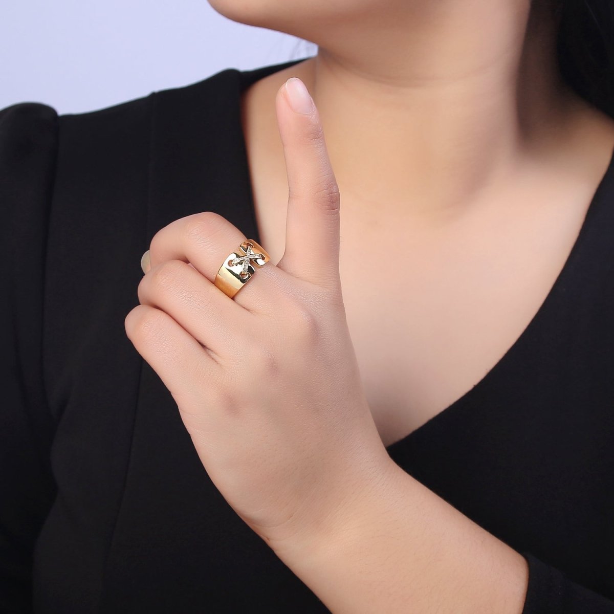 24K Gold Filled Cross X Ribbon Tied Ring, Thick Statement Gold & Silver Open Adjustable Ring U-533 U-534 - DLUXCA