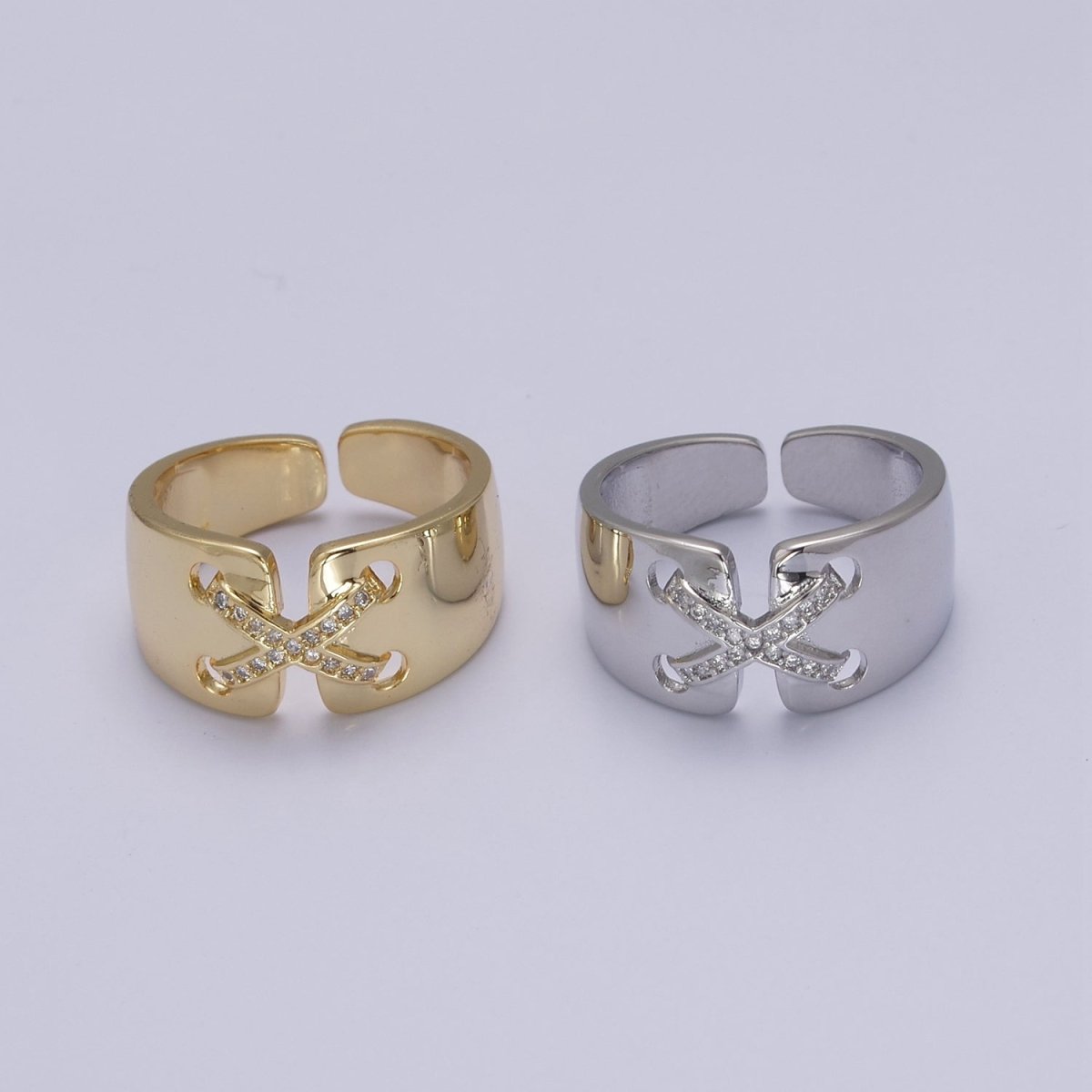 24K Gold Filled Cross X Ribbon Tied Ring, Thick Statement Gold & Silver Open Adjustable Ring U-533 U-534 - DLUXCA