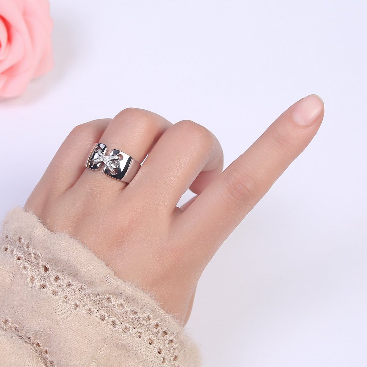 24K Gold Filled Cross X Ribbon Tied Ring, Thick Statement Gold & Silver Open Adjustable Ring U-533 U-534 - DLUXCA