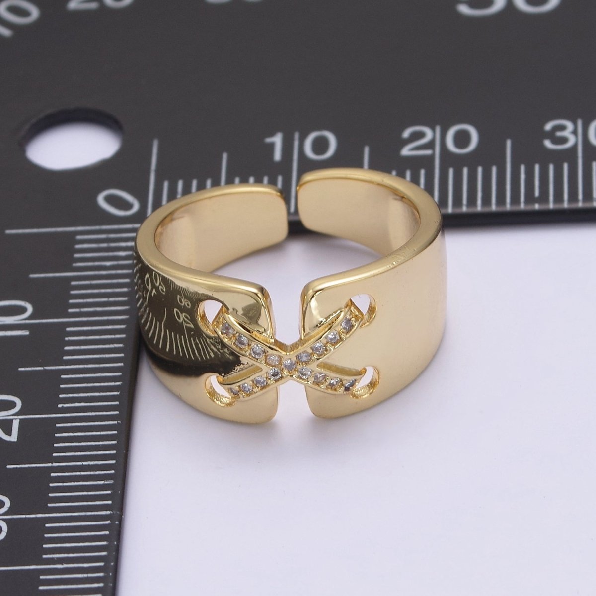 24K Gold Filled Cross X Ribbon Tied Ring, Thick Statement Gold & Silver Open Adjustable Ring U-533 U-534 - DLUXCA