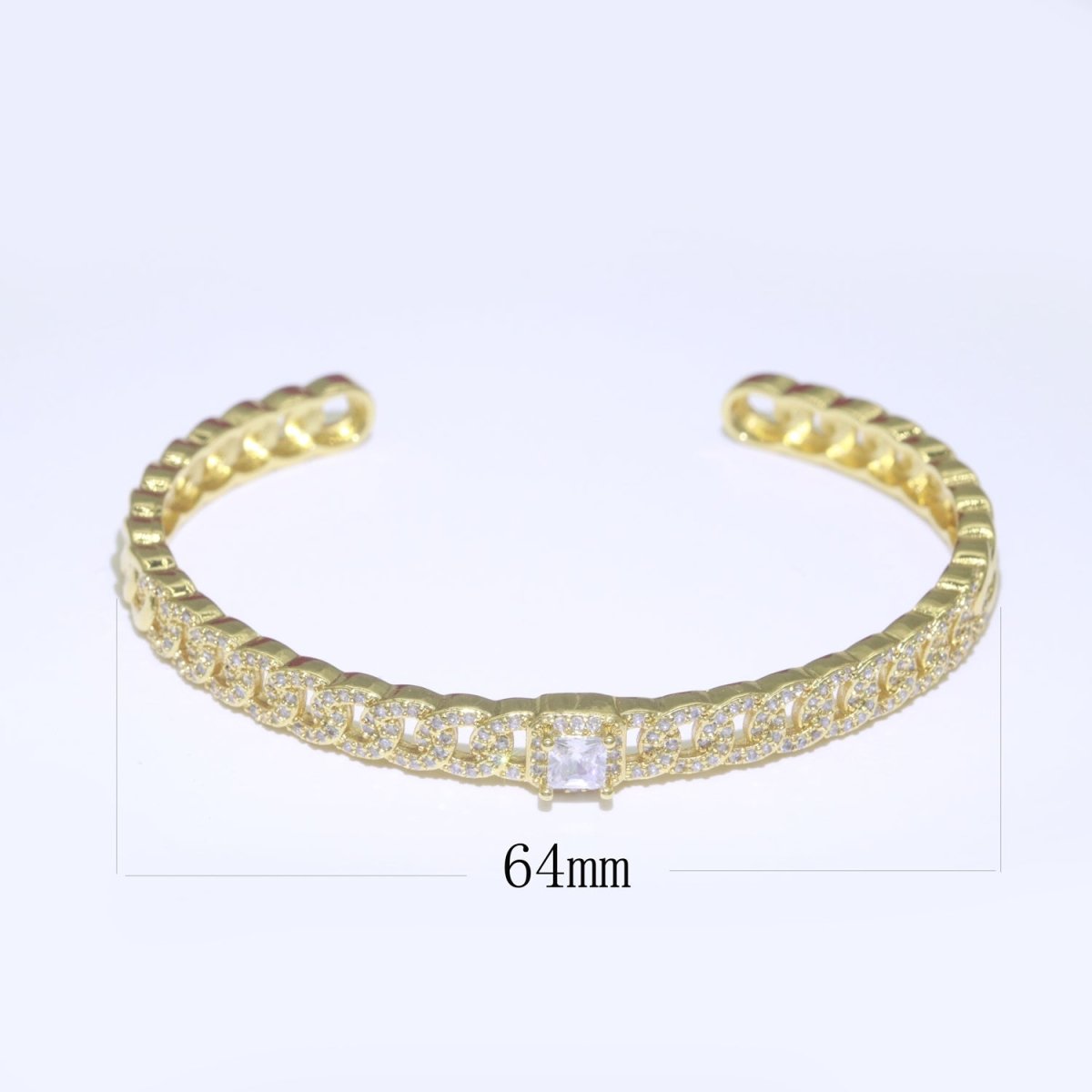 24K Gold Filled Cuban Curb Chain Bracelet With CZ Stones Wholesale Open Adjustable Bangle Fashion Jewelry | WA-072 Clearance Pricing - DLUXCA