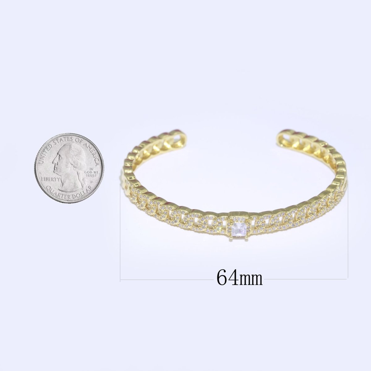 24K Gold Filled Cuban Curb Chain Bracelet With CZ Stones Wholesale Open Adjustable Bangle Fashion Jewelry | WA-072 Clearance Pricing - DLUXCA