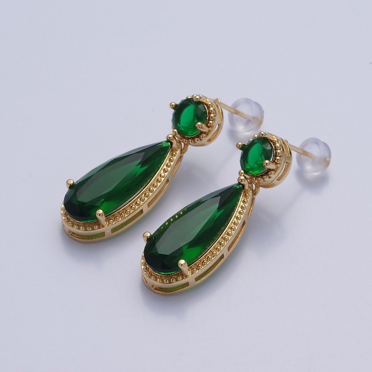 24K Gold Filled Cubic Zirconia Teardrop Stud Earrings with Round CZ Post V-401~V-409 - DLUXCA