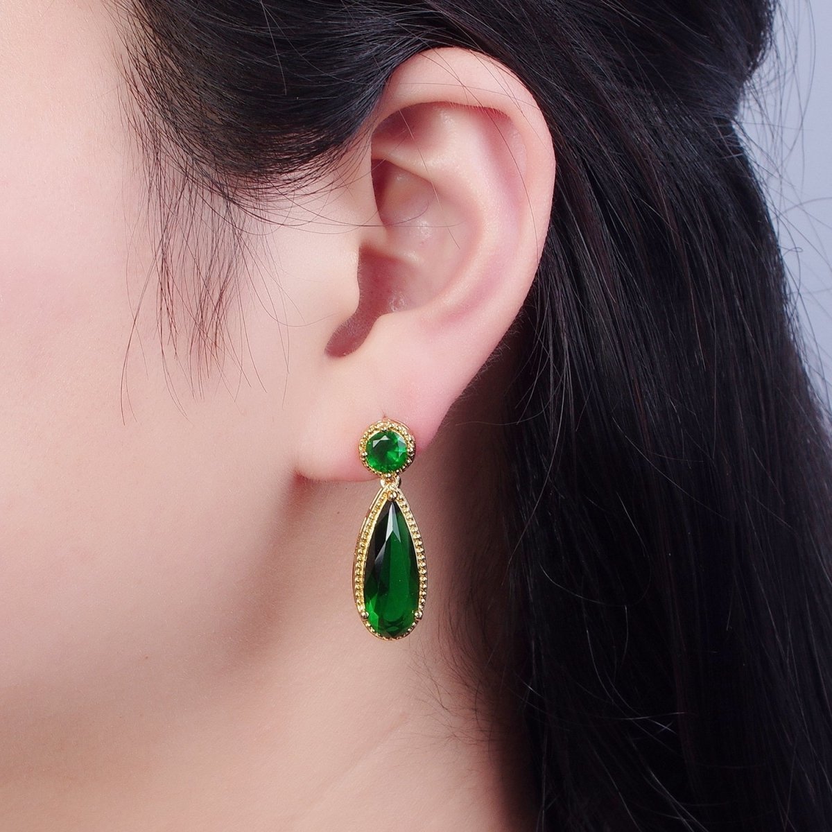 24K Gold Filled Cubic Zirconia Teardrop Stud Earrings with Round CZ Post V-401~V-409 - DLUXCA