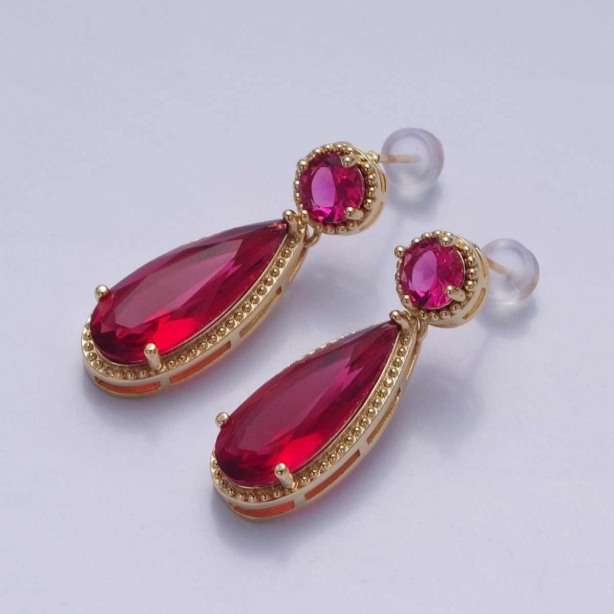 24K Gold Filled Cubic Zirconia Teardrop Stud Earrings with Round CZ Post V-401~V-409 - DLUXCA